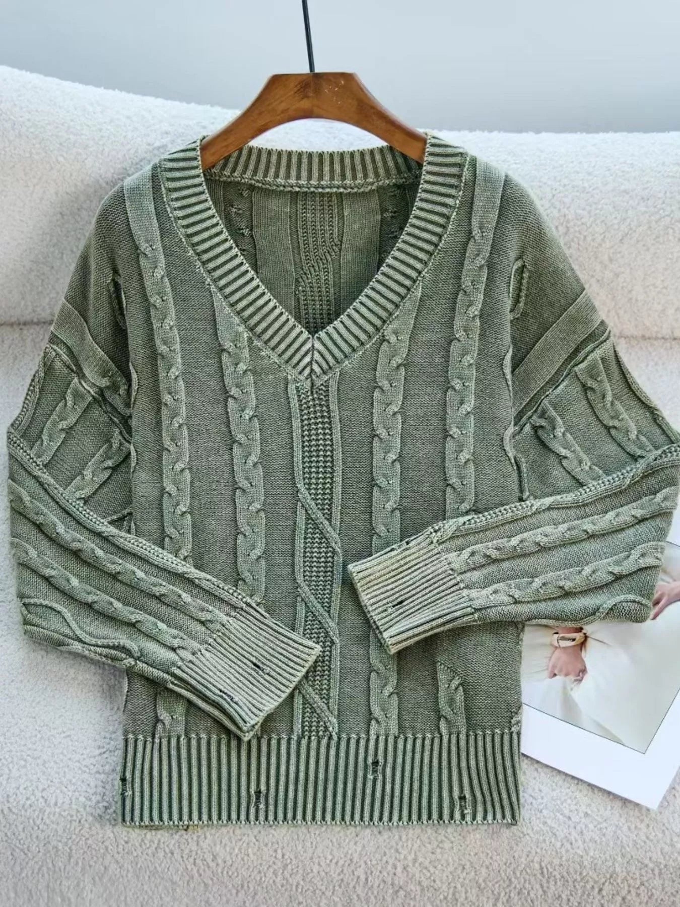 Cable Knit V - Neck Sweater designed for comfort and style at Lookzlike