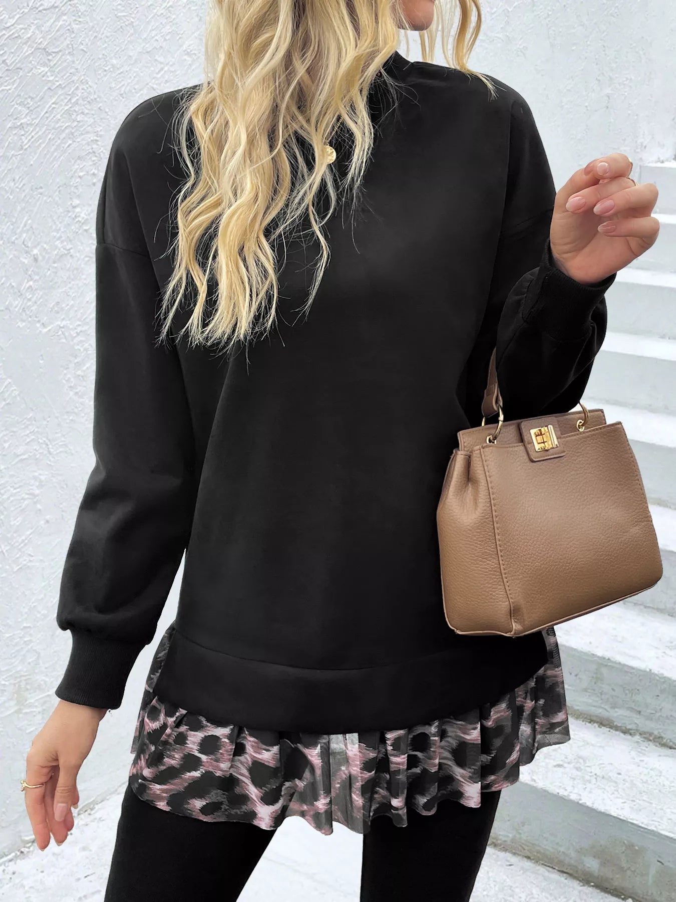 Camouflage Hem Detail Round Neck Sweatshirt designed for comfort and style at Lookzlike