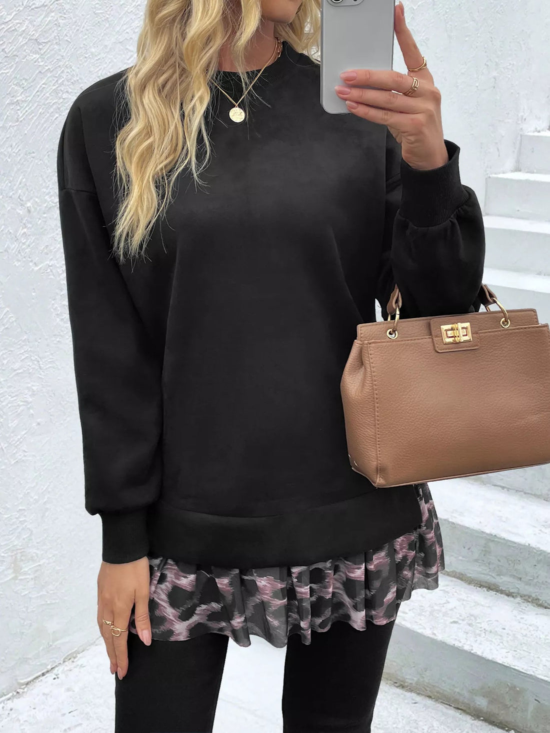 Camouflage Hem Detail Round Neck Sweatshirt designed for comfort and style at Lookzlike