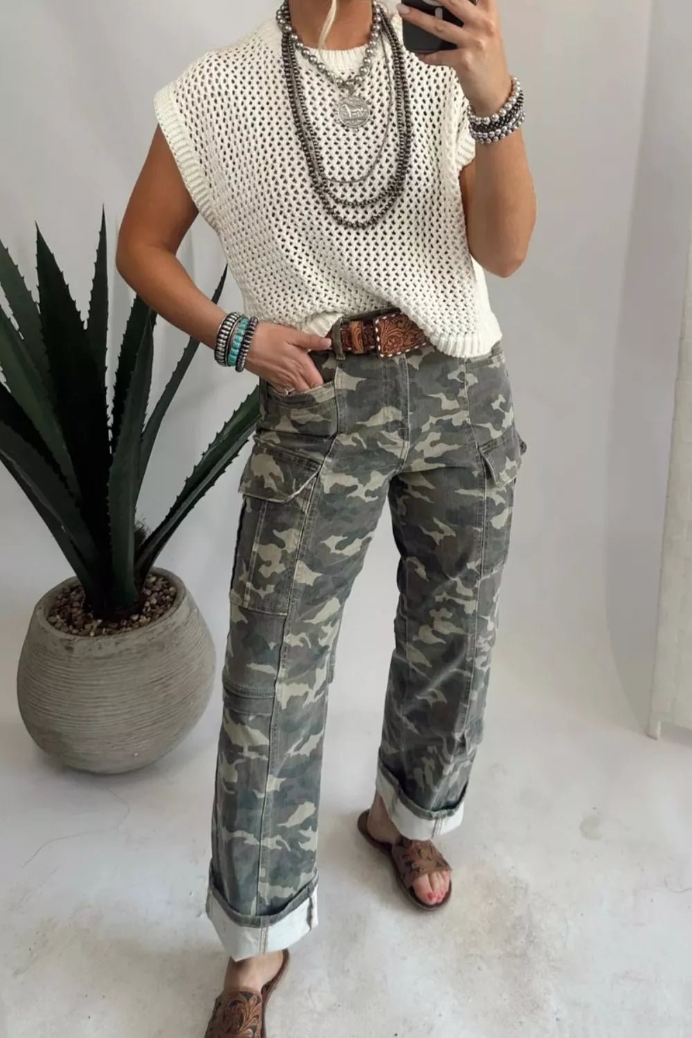 Camouflage Print Multi Pocketed Womens Denim Pants designed for comfort and style at Lookzlike