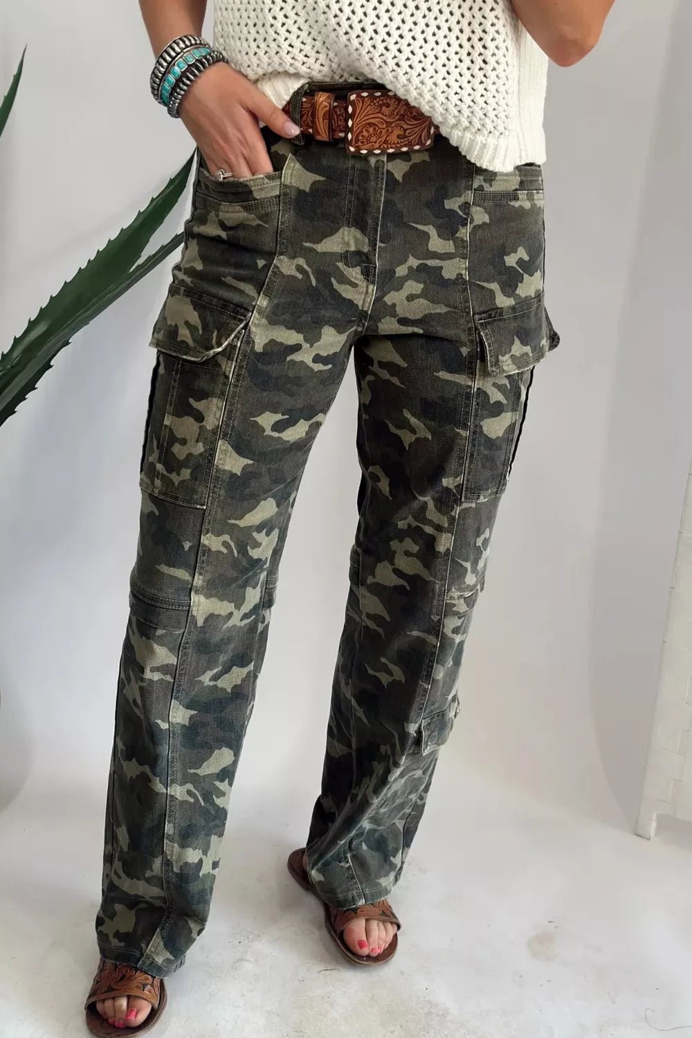 Camouflage Print Multi Pocketed Womens Denim Pants designed for comfort and style at Lookzlike