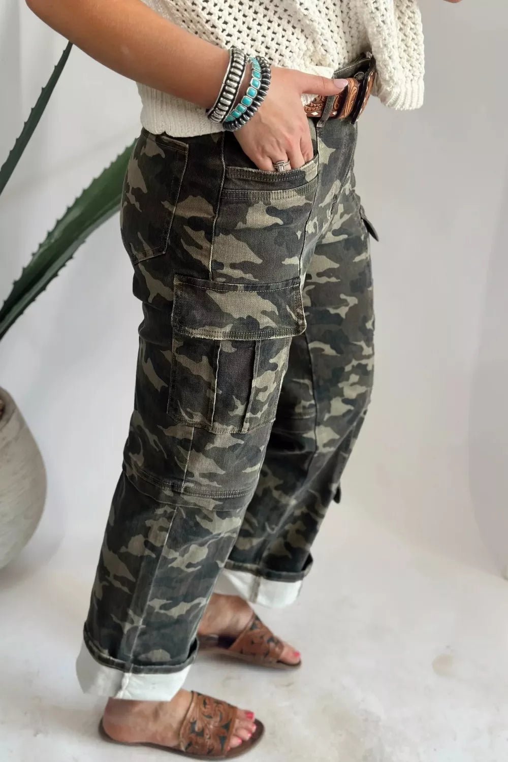 Camouflage Print Multi Pocketed Womens Denim Pants designed for comfort and style at Lookzlike