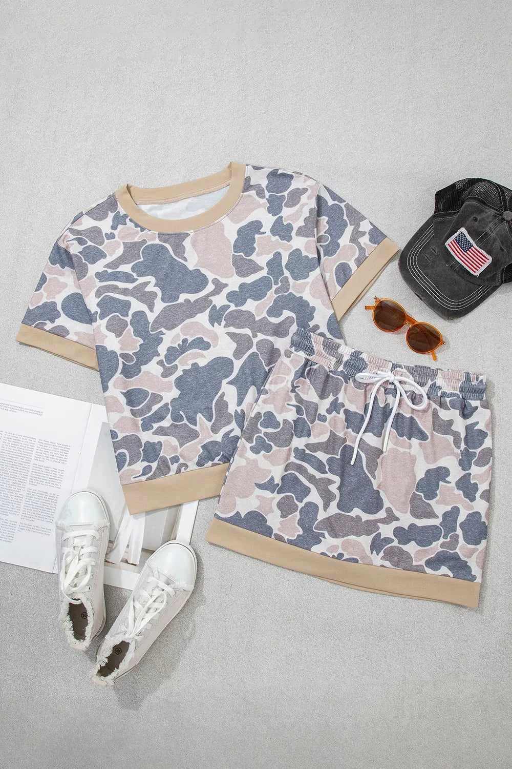 Camouflage Short Sleeve Top and Skirt Set designed for comfort and style at Lookzlike