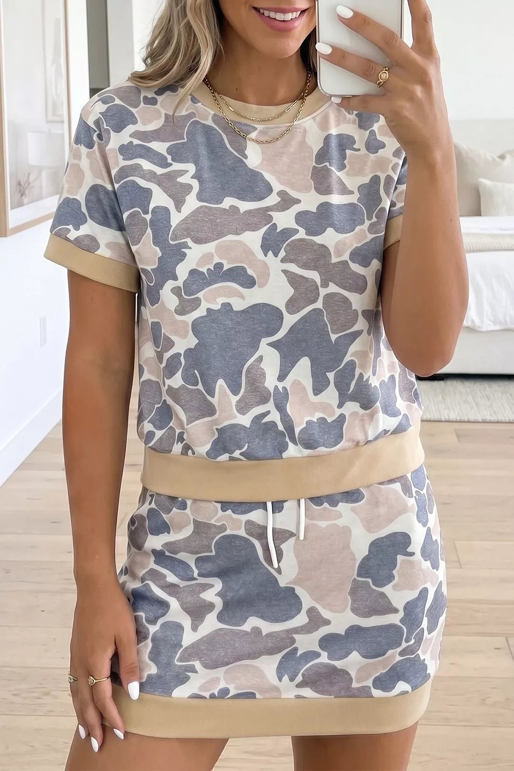 Camouflage Short Sleeve Top and Skirt Set designed for comfort and style at Lookzlike