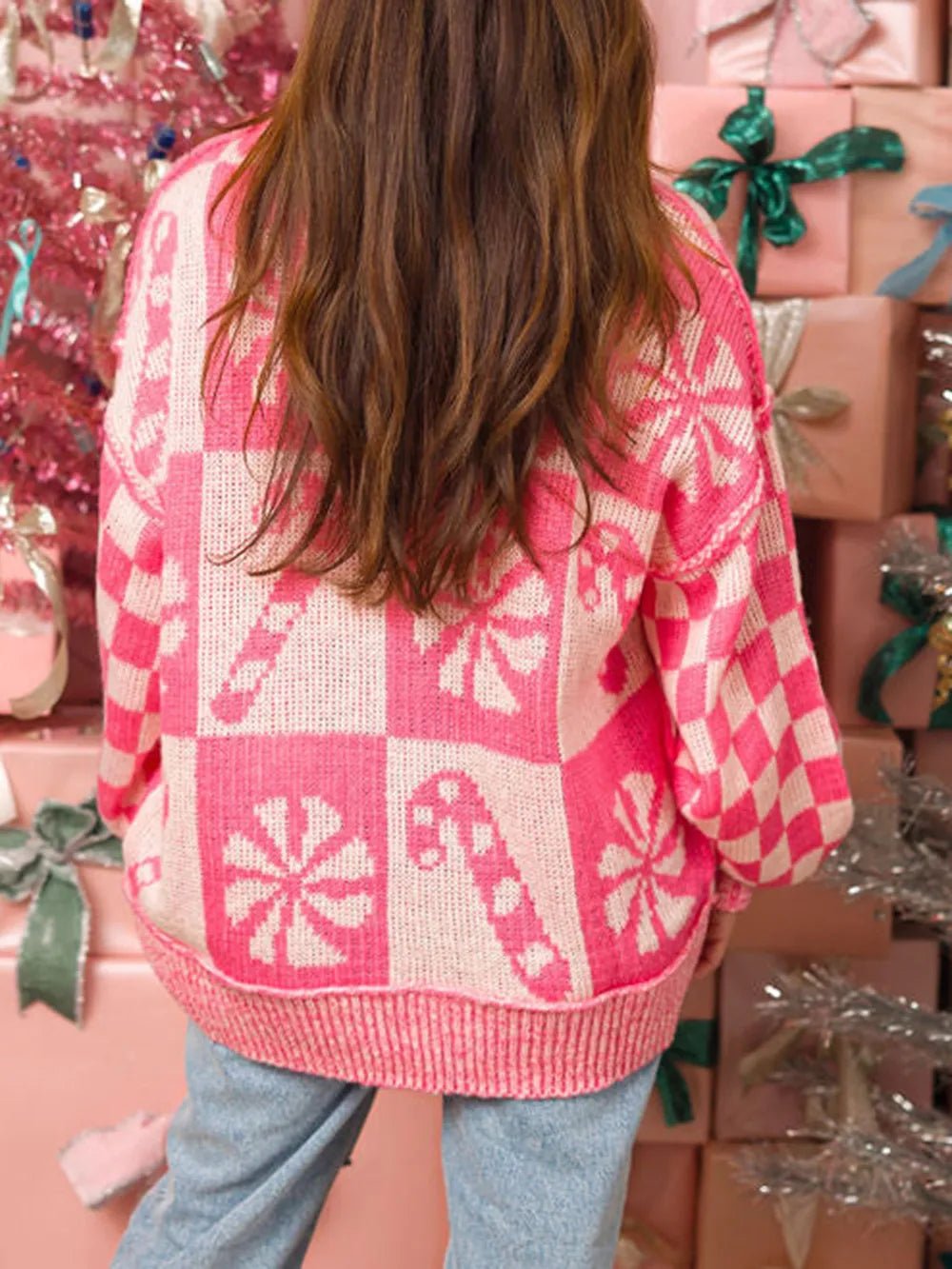 Candy Cane Round Neck Long Sleeve Sweater designed for comfort and style at Lookzlike