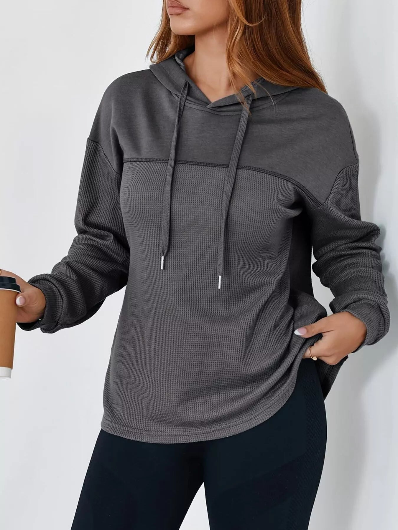 Casual Waffle Knit Dropped Shoulder Hoodie designed for comfort and style at Lookzlike