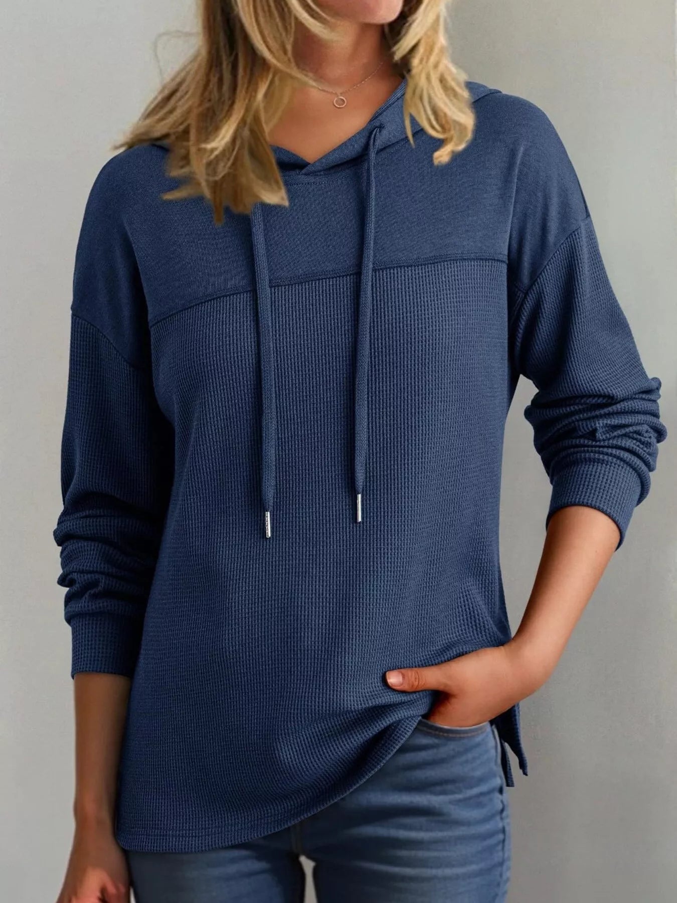 Casual Waffle Knit Dropped Shoulder Hoodie designed for comfort and style at Lookzlike