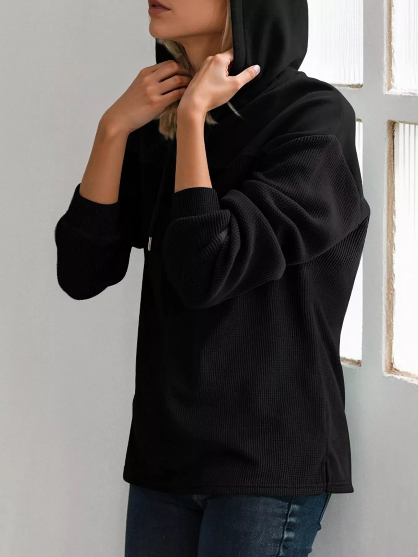 Casual Waffle Knit Dropped Shoulder Hoodie designed for comfort and style at Lookzlike