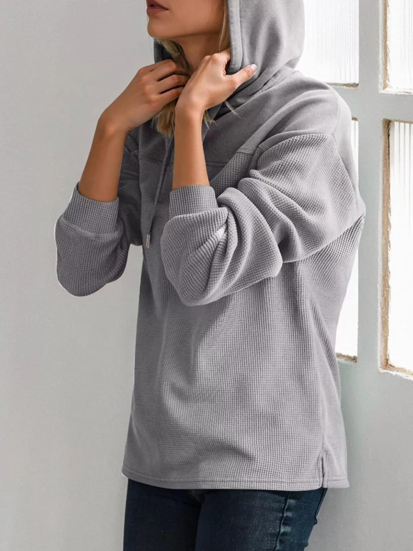 Casual Waffle Knit Dropped Shoulder Hoodie designed for comfort and style at Lookzlike