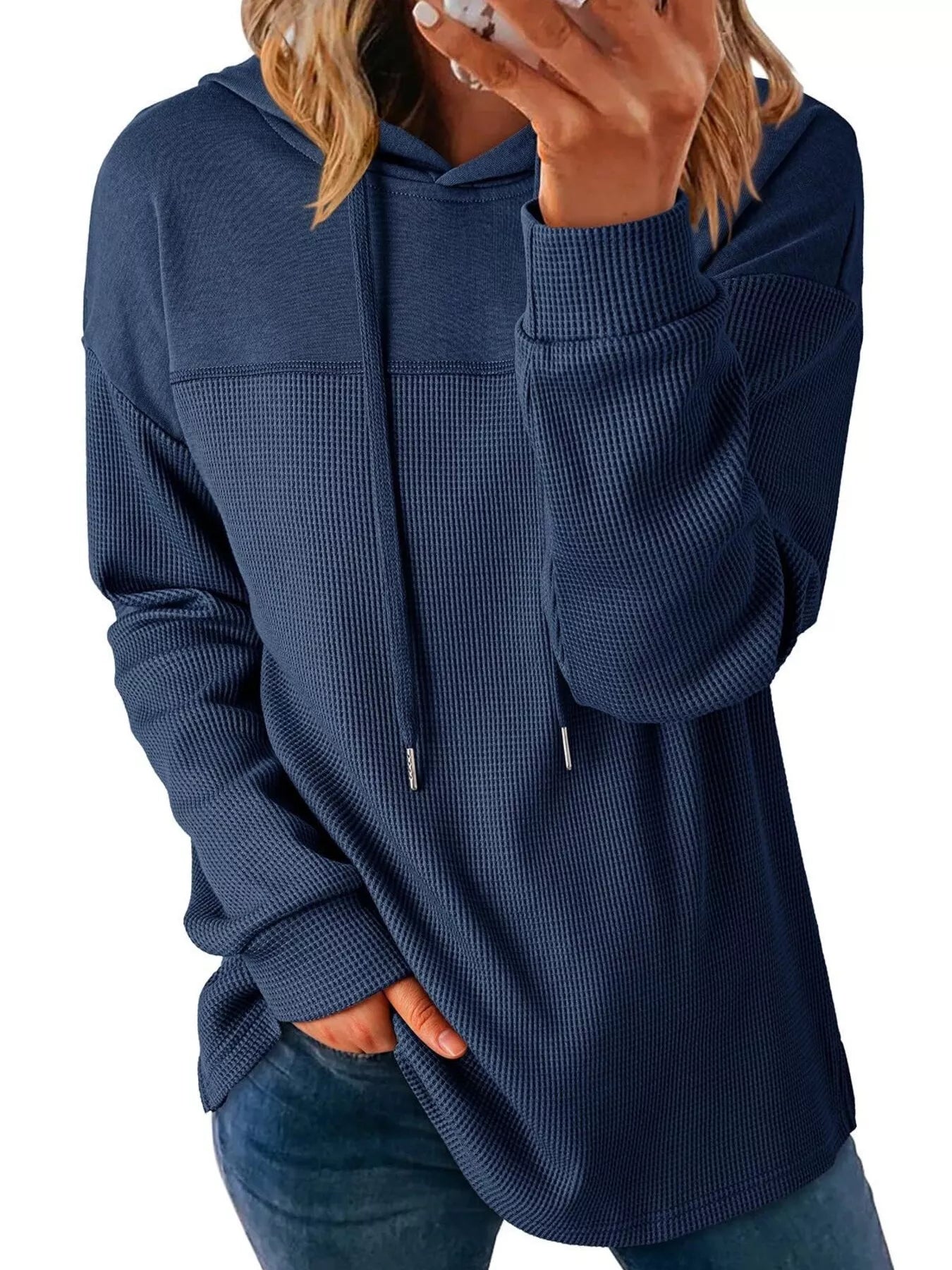 Casual Waffle Knit Dropped Shoulder Hoodie designed for comfort and style at Lookzlike