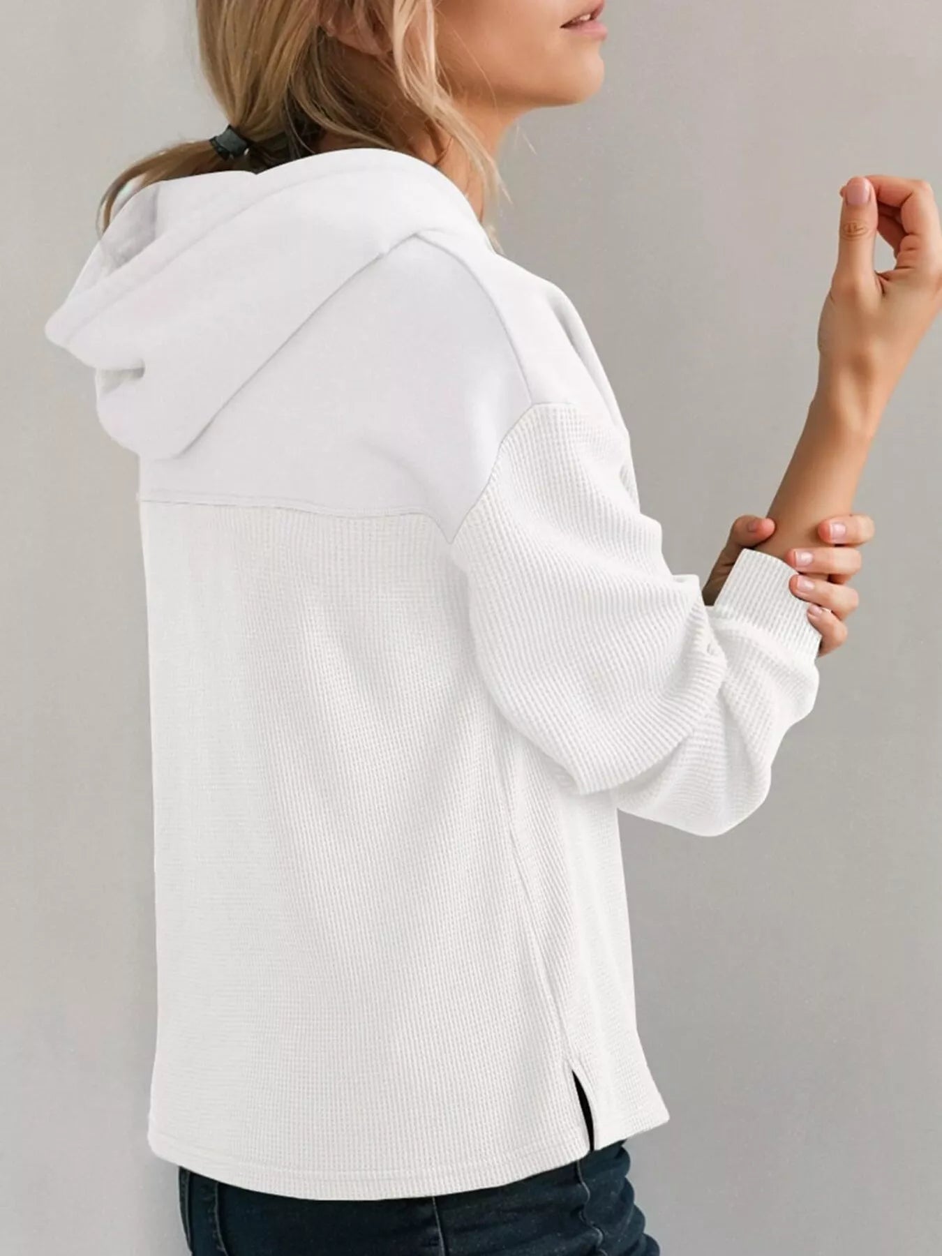 Casual Waffle Knit Dropped Shoulder Hoodie designed for comfort and style at Lookzlike