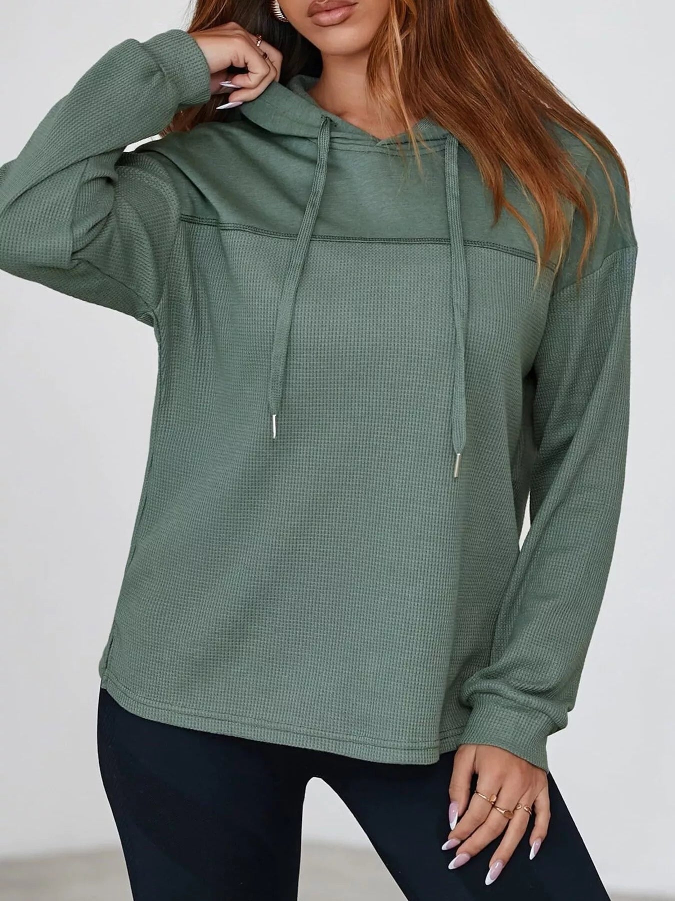 Casual Waffle Knit Dropped Shoulder Hoodie designed for comfort and style at Lookzlike