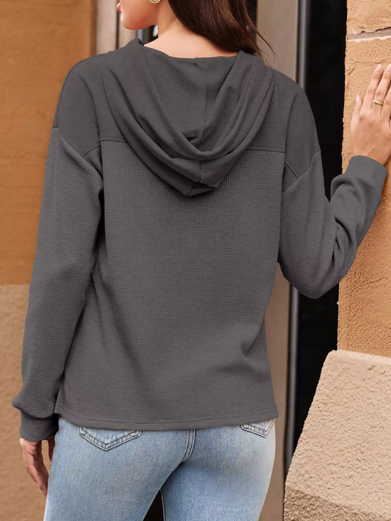Casual Waffle Knit Dropped Shoulder Hoodie designed for comfort and style at Lookzlike
