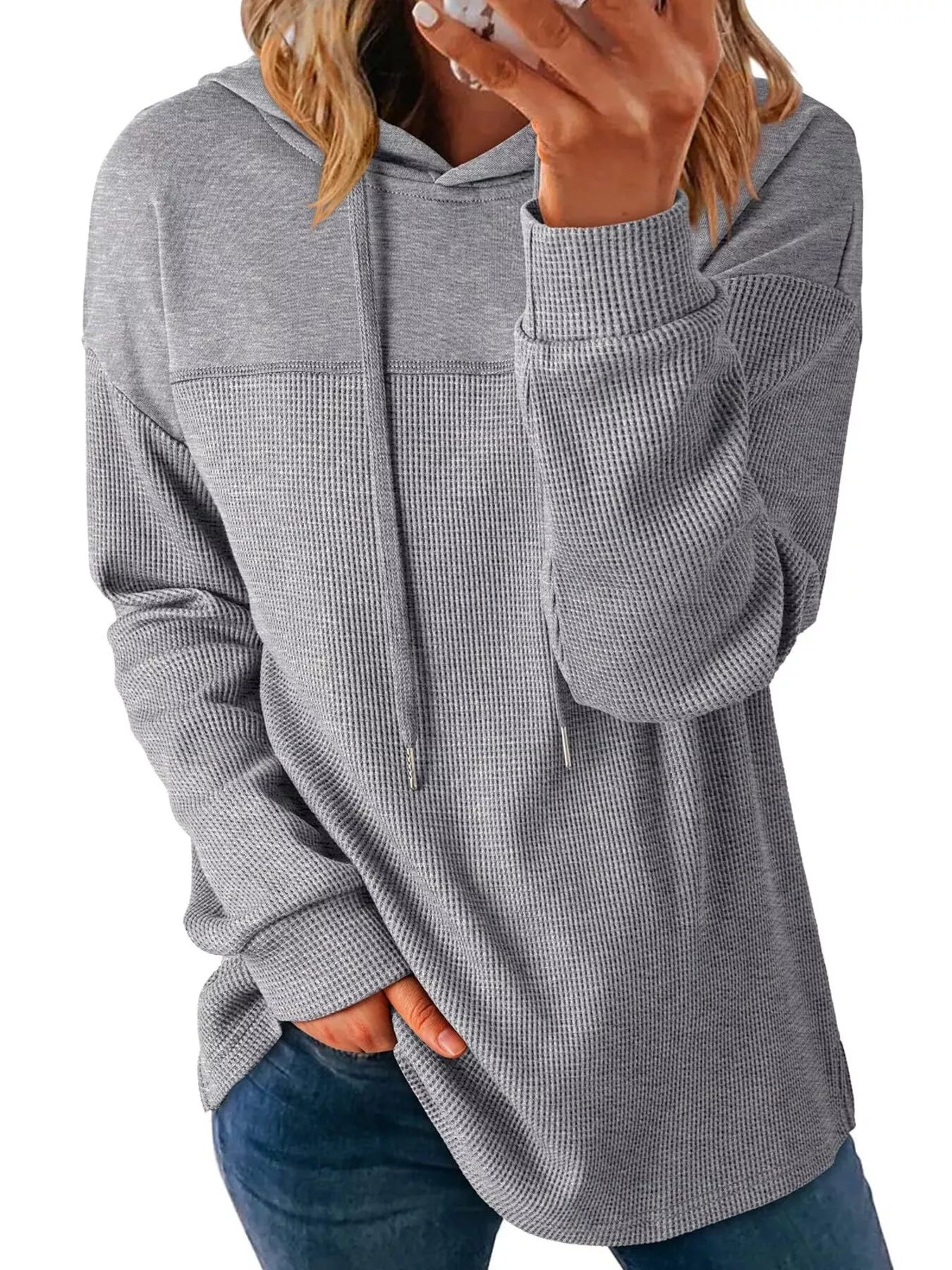 Casual Waffle Knit Dropped Shoulder Hoodie designed for comfort and style at Lookzlike