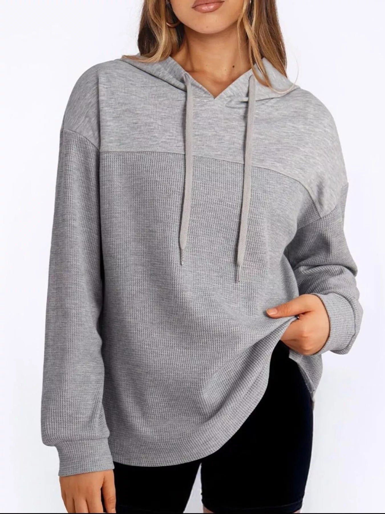 Casual Waffle Knit Dropped Shoulder Hoodie designed for comfort and style at Lookzlike