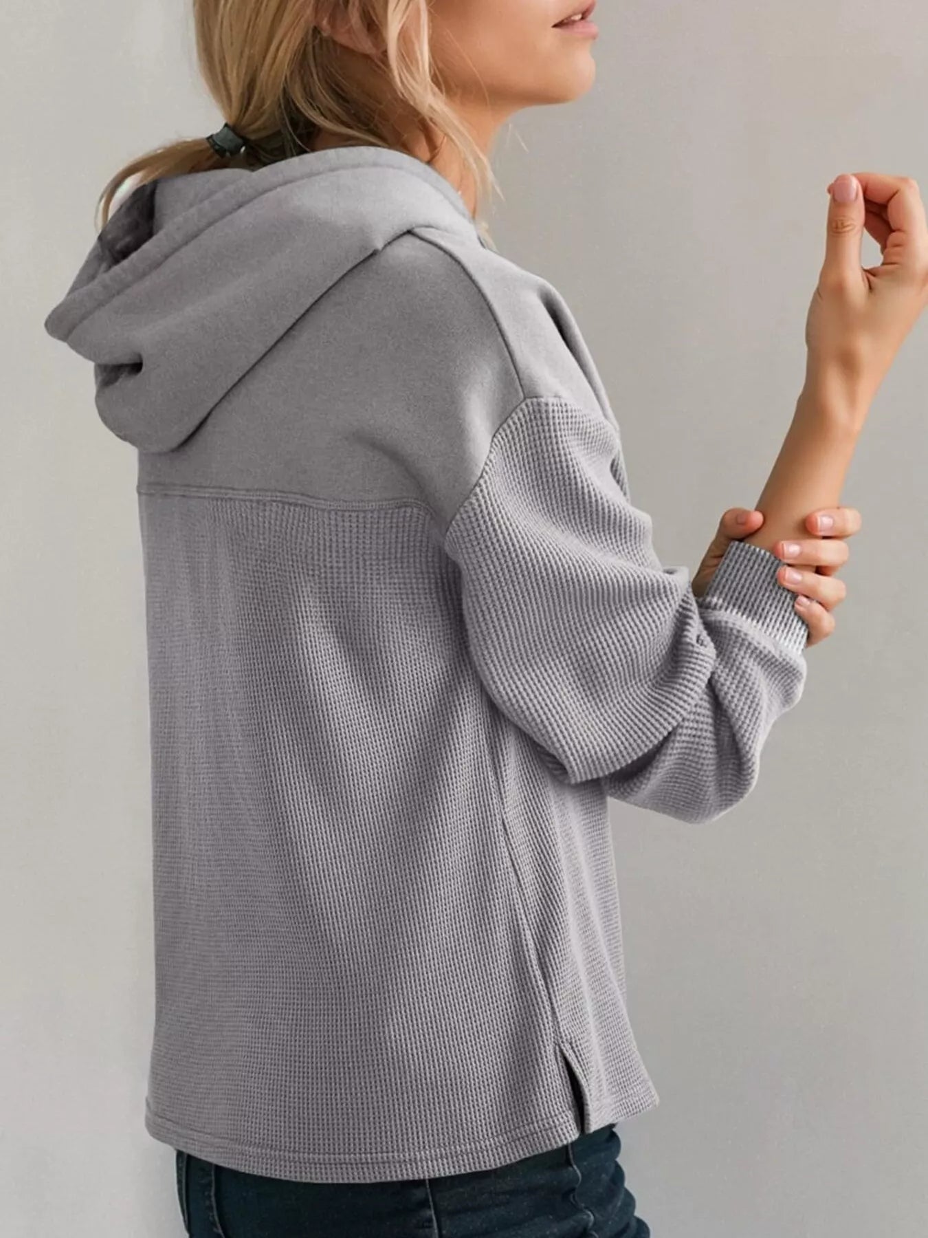 Casual Waffle Knit Dropped Shoulder Hoodie designed for comfort and style at Lookzlike