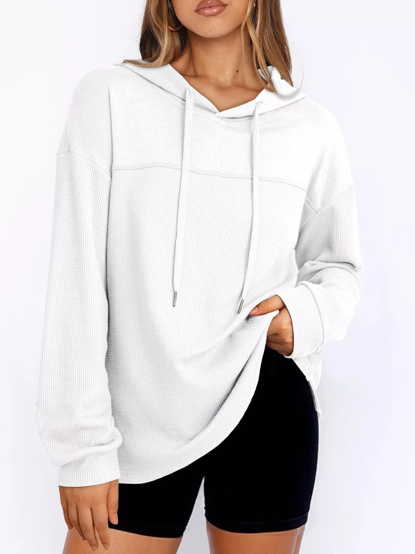 Casual Waffle Knit Dropped Shoulder Hoodie designed for comfort and style at Lookzlike