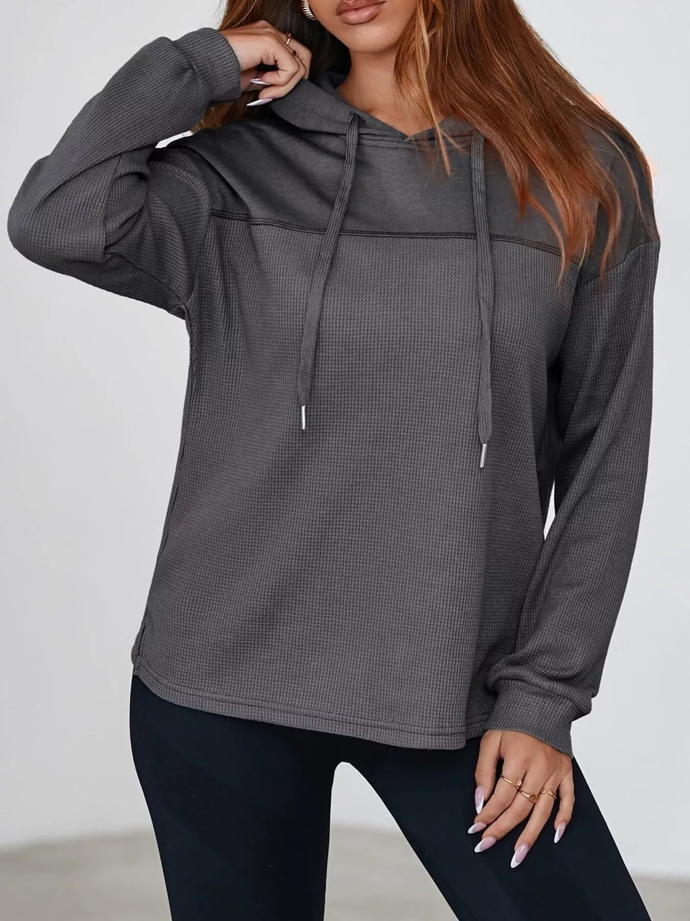 Casual Waffle Knit Dropped Shoulder Hoodie designed for comfort and style at Lookzlike