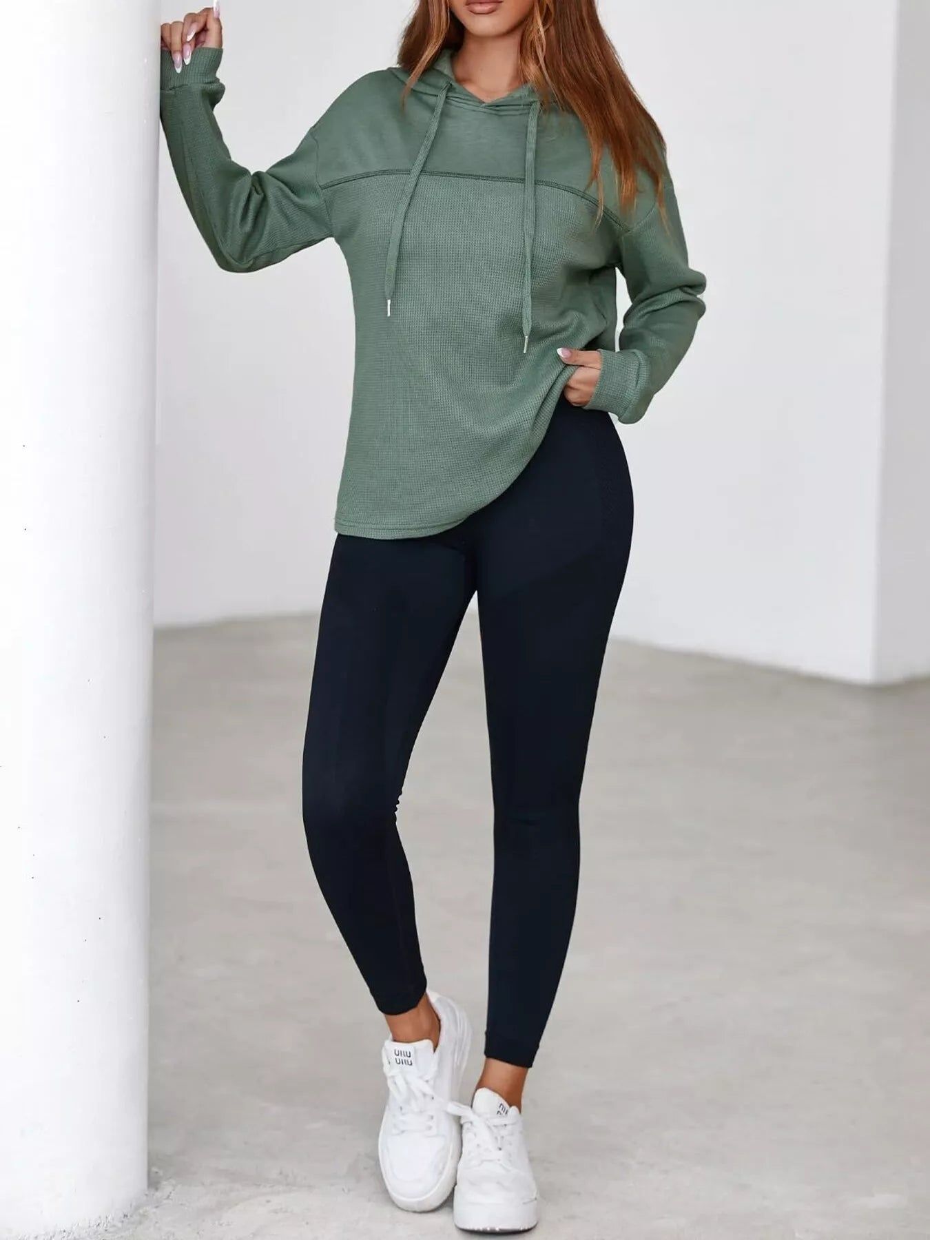 Casual Waffle Knit Dropped Shoulder Hoodie designed for comfort and style at Lookzlike