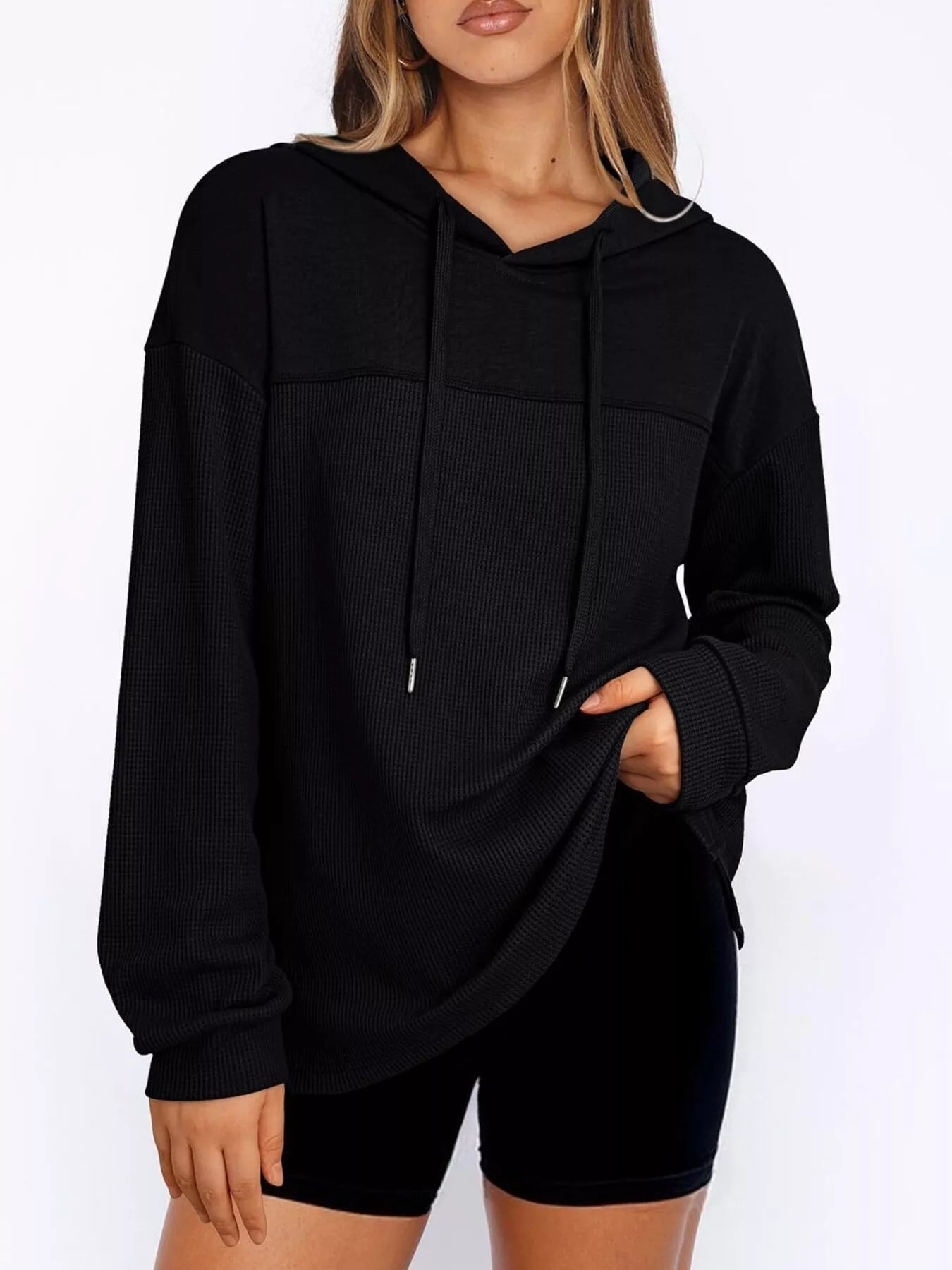 Casual Waffle Knit Dropped Shoulder Hoodie designed for comfort and style at Lookzlike