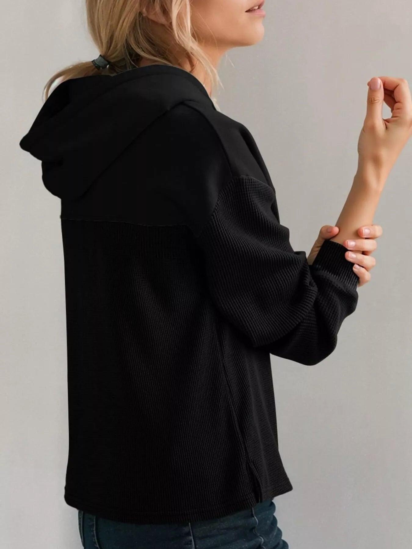 Casual Waffle Knit Dropped Shoulder Hoodie designed for comfort and style at Lookzlike