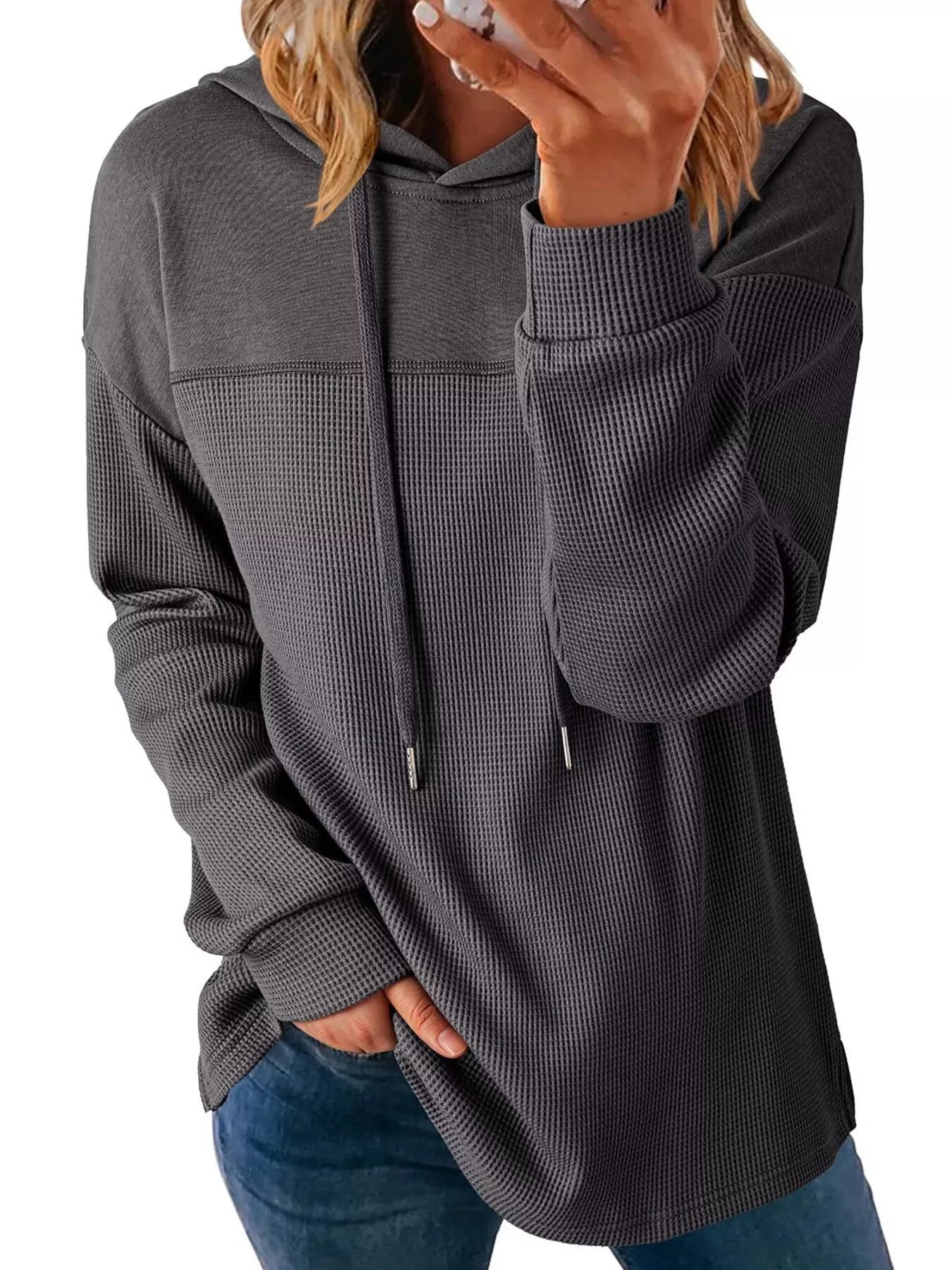 Casual Waffle Knit Dropped Shoulder Hoodie designed for comfort and style at Lookzlike