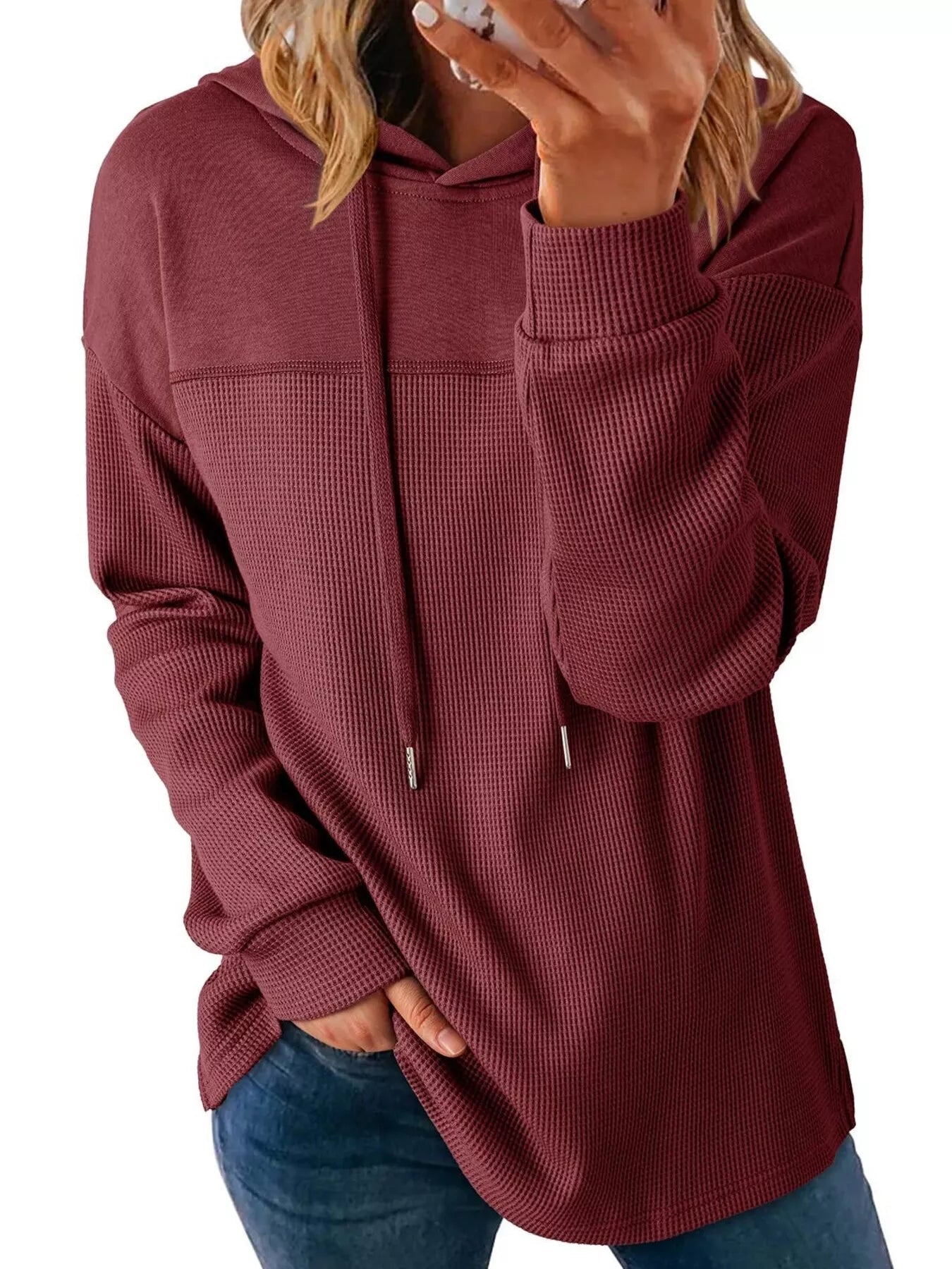 Casual Waffle Knit Dropped Shoulder Hoodie designed for comfort and style at Lookzlike