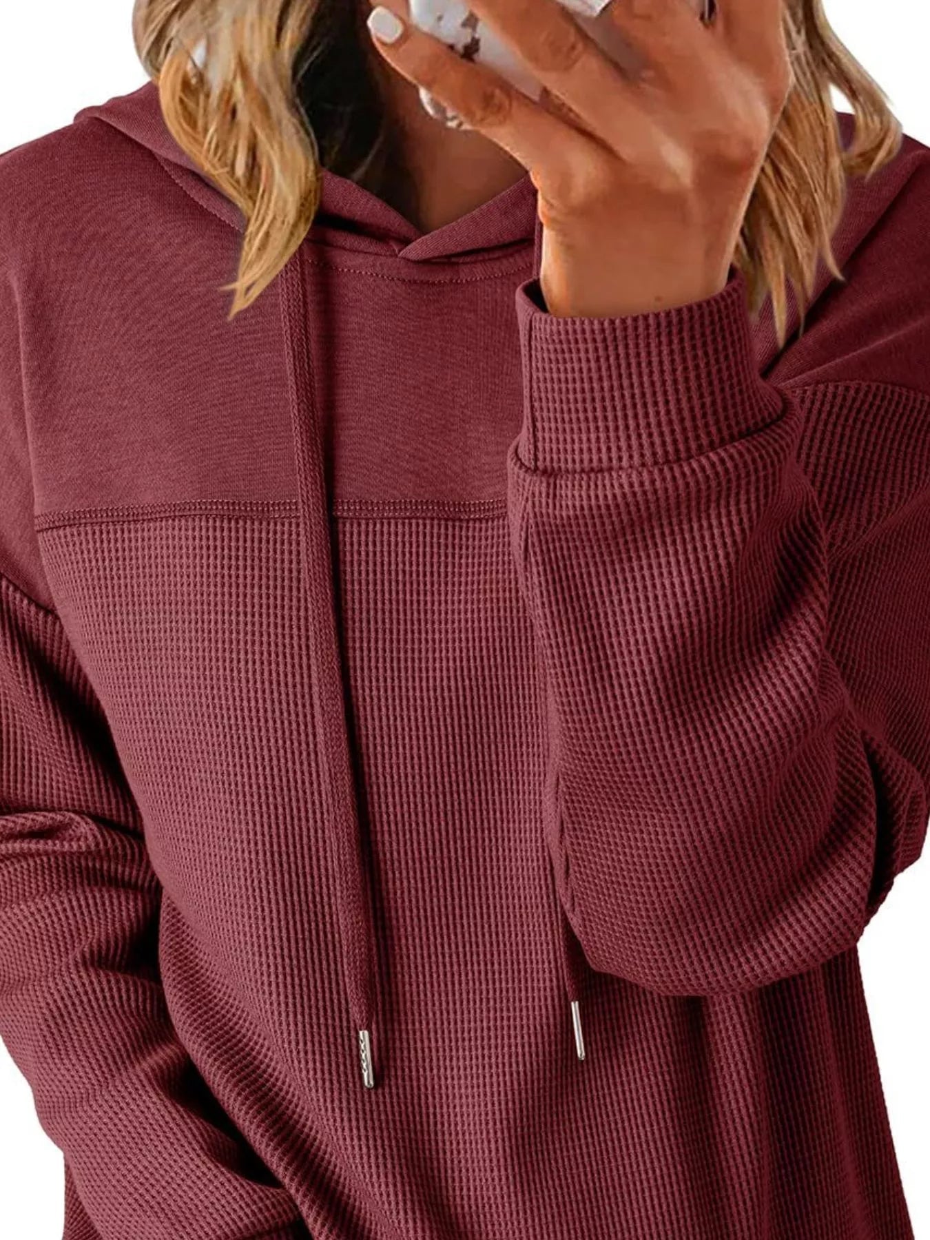 Casual Waffle Knit Dropped Shoulder Hoodie designed for comfort and style at Lookzlike