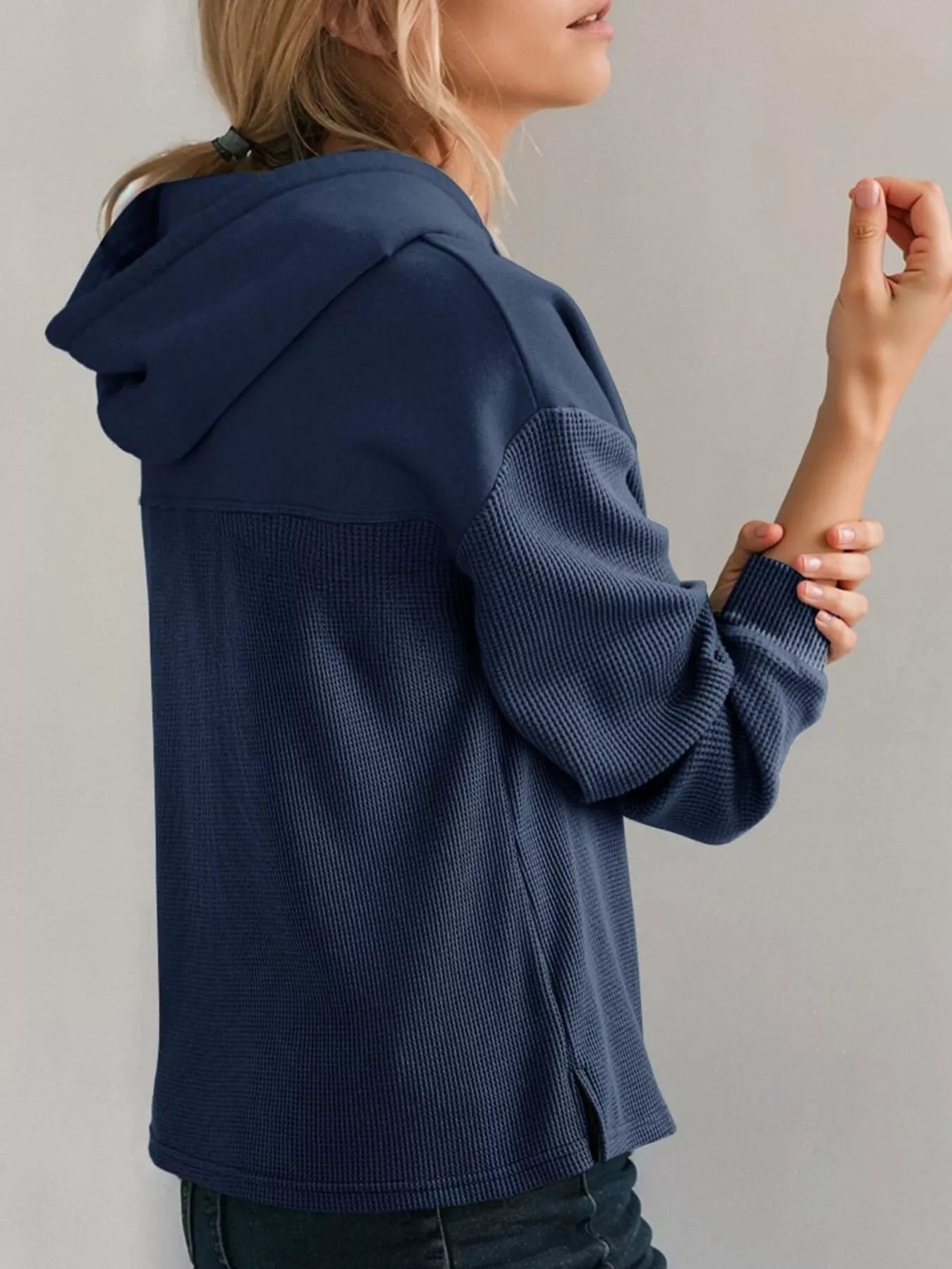 Casual Waffle Knit Dropped Shoulder Hoodie designed for comfort and style at Lookzlike