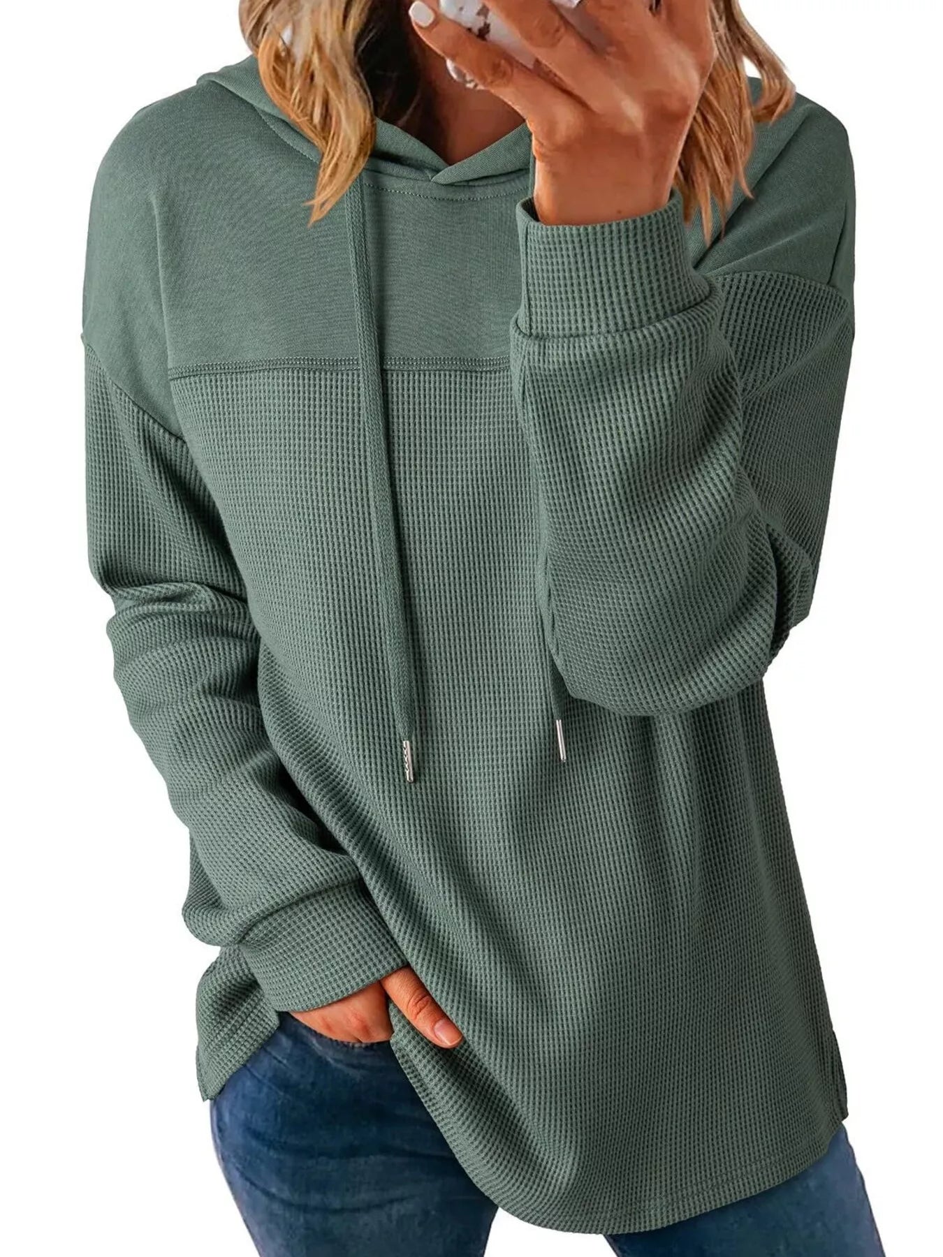 Casual Waffle Knit Dropped Shoulder Hoodie designed for comfort and style at Lookzlike