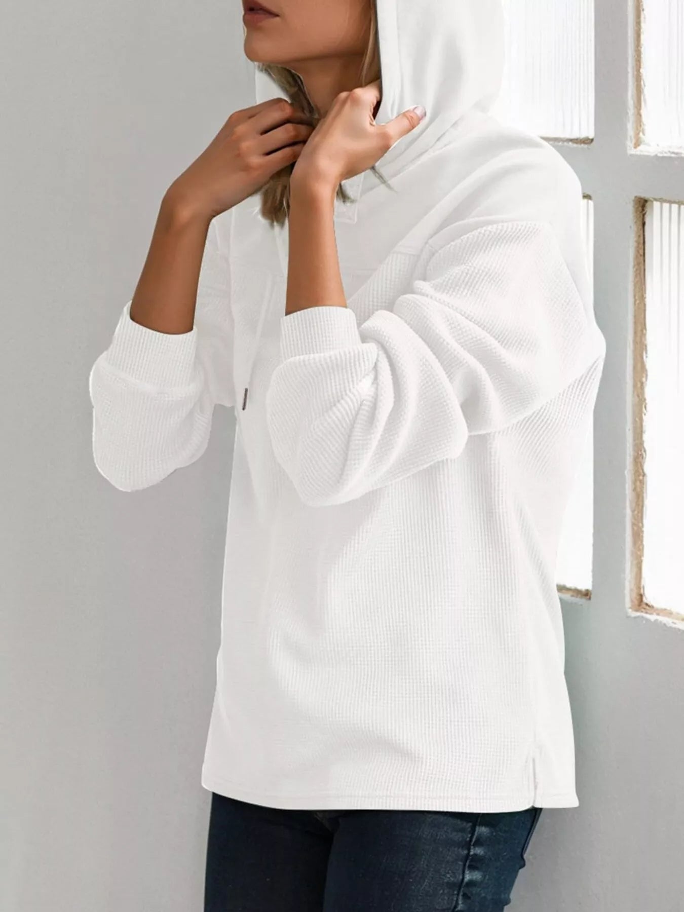 Casual Waffle Knit Dropped Shoulder Hoodie designed for comfort and style at Lookzlike