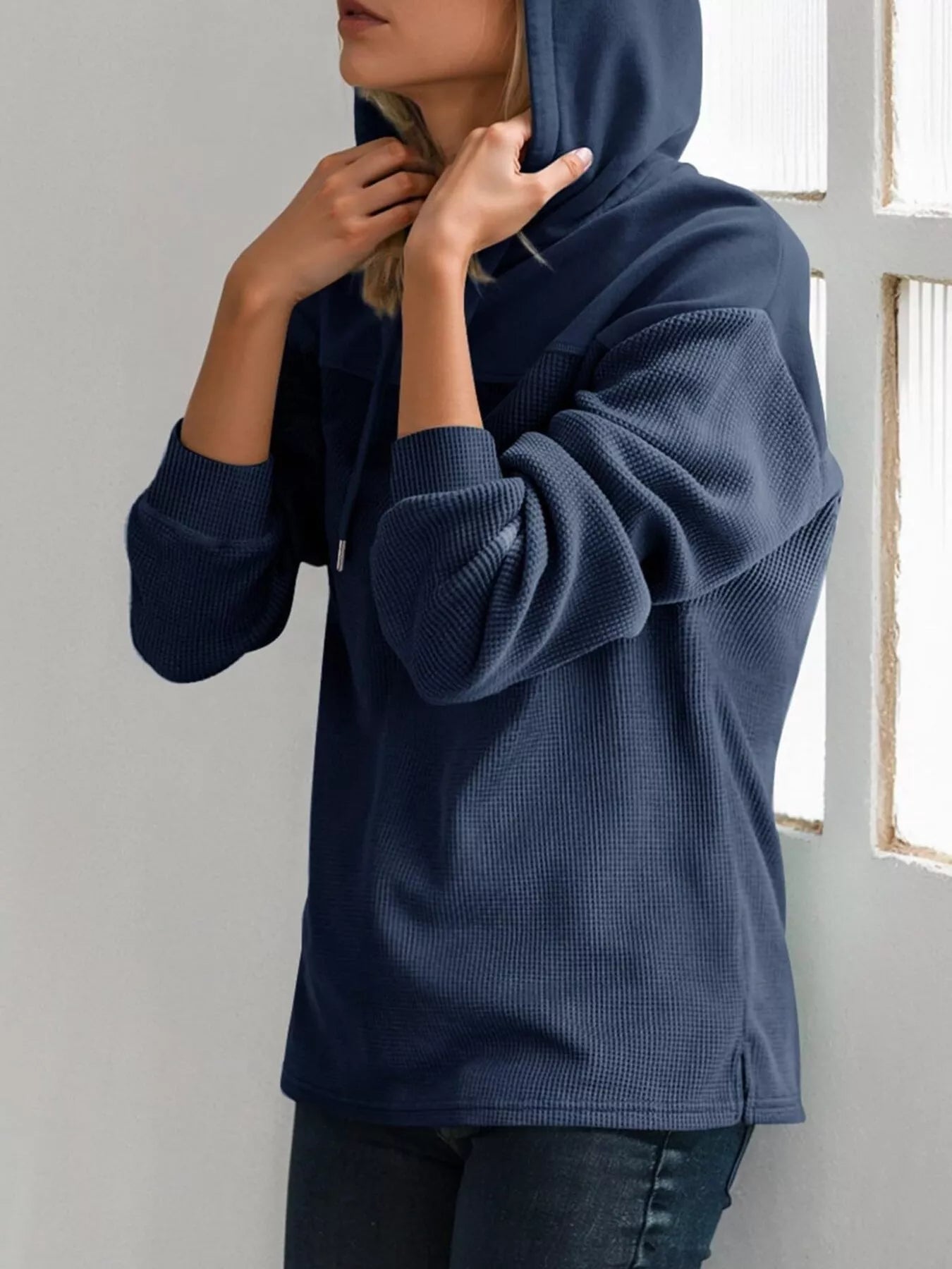 Casual Waffle Knit Dropped Shoulder Hoodie designed for comfort and style at Lookzlike