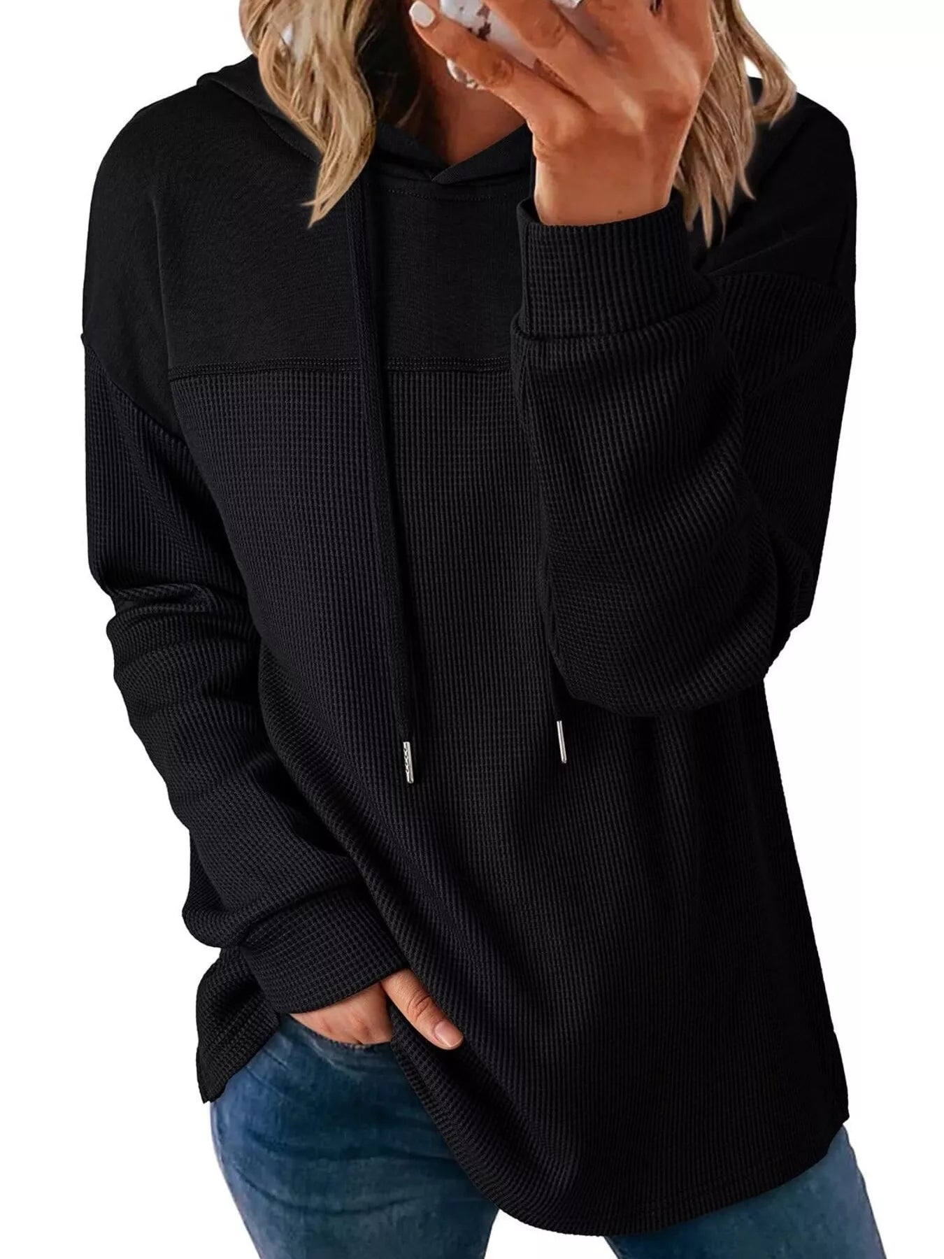 Casual Waffle Knit Dropped Shoulder Hoodie designed for comfort and style at Lookzlike