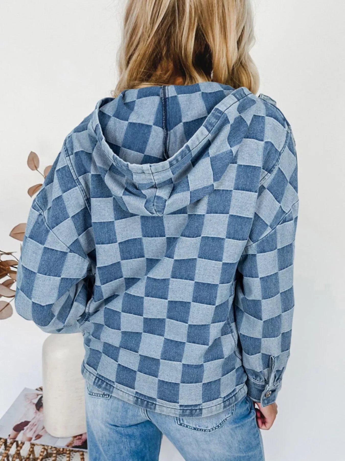 Checkered Half Zip Denim Hoodie Top designed for comfort and style at Lookzlike