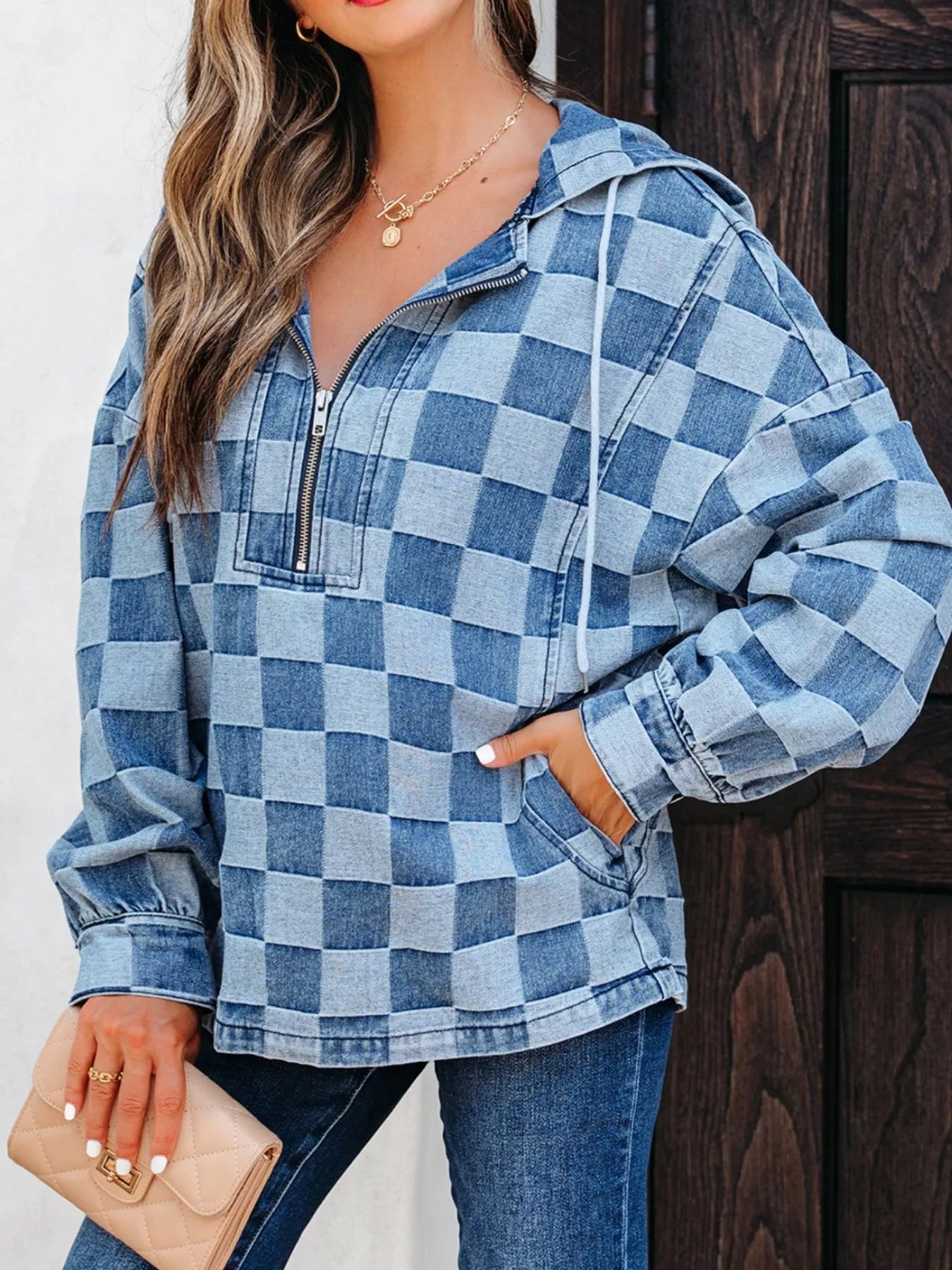 Checkered Half Zip Denim Hoodie Top designed for comfort and style at Lookzlike
