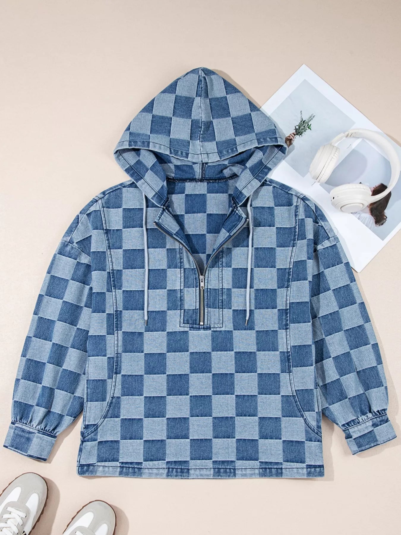 Checkered Half Zip Denim Hoodie Top designed for comfort and style at Lookzlike