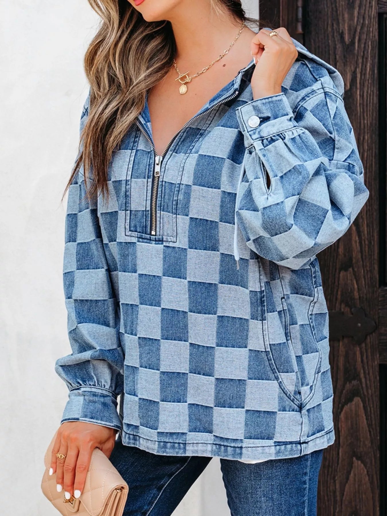 Checkered Half Zip Denim Hoodie Top designed for comfort and style at Lookzlike
