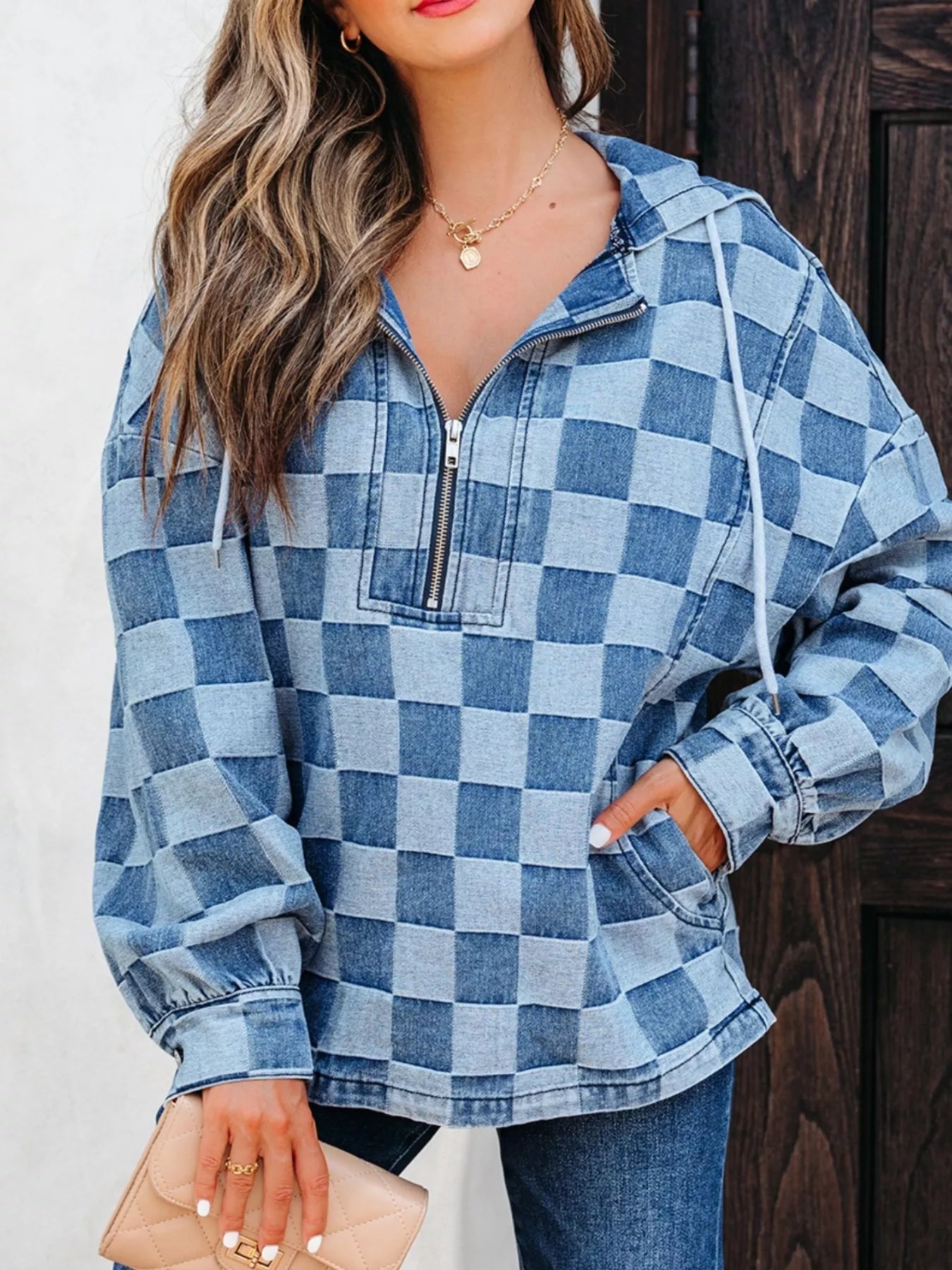 Checkered Half Zip Denim Hoodie Top designed for comfort and style at Lookzlike