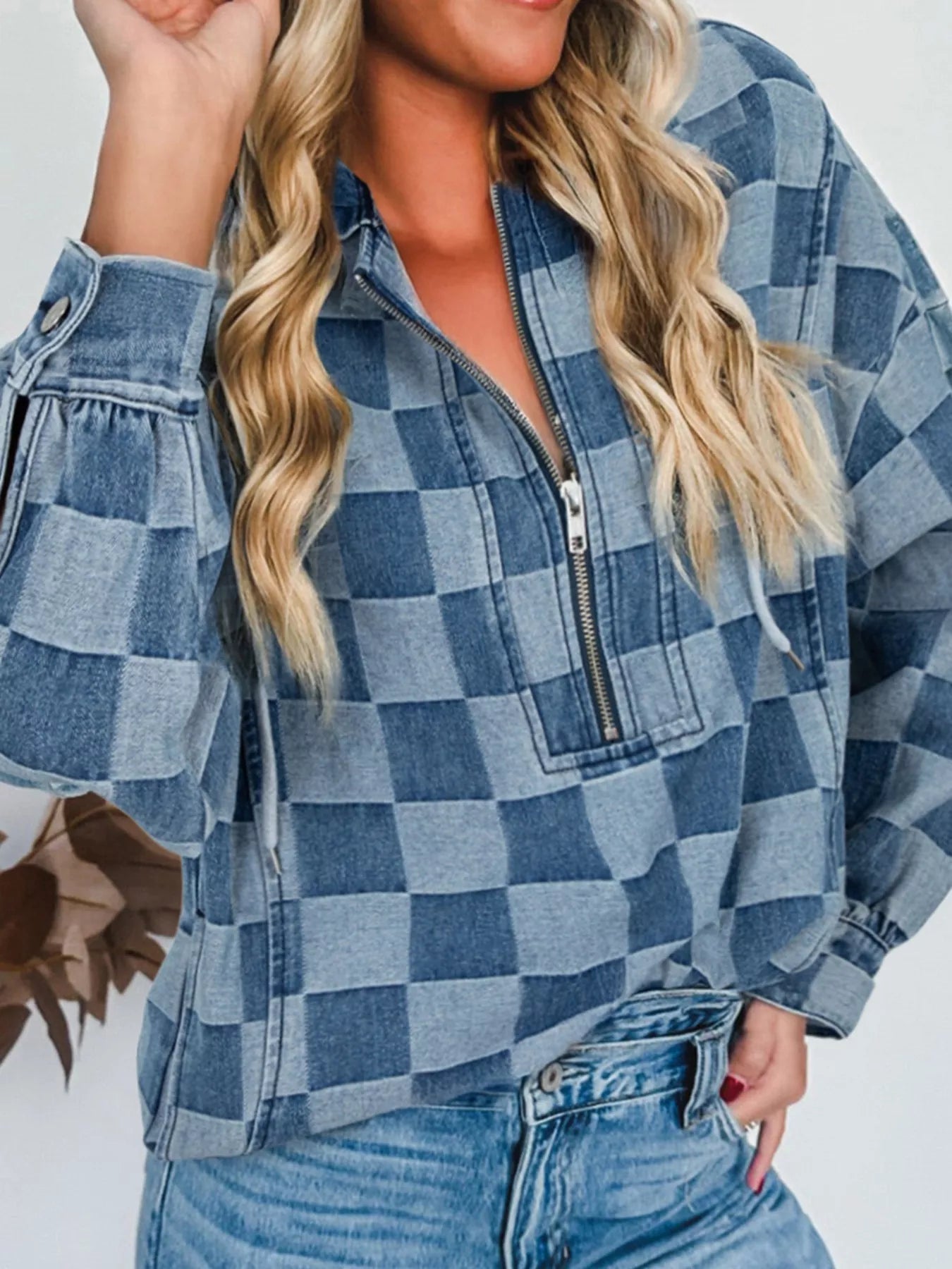 Checkered Half Zip Denim Hoodie Top designed for comfort and style at Lookzlike