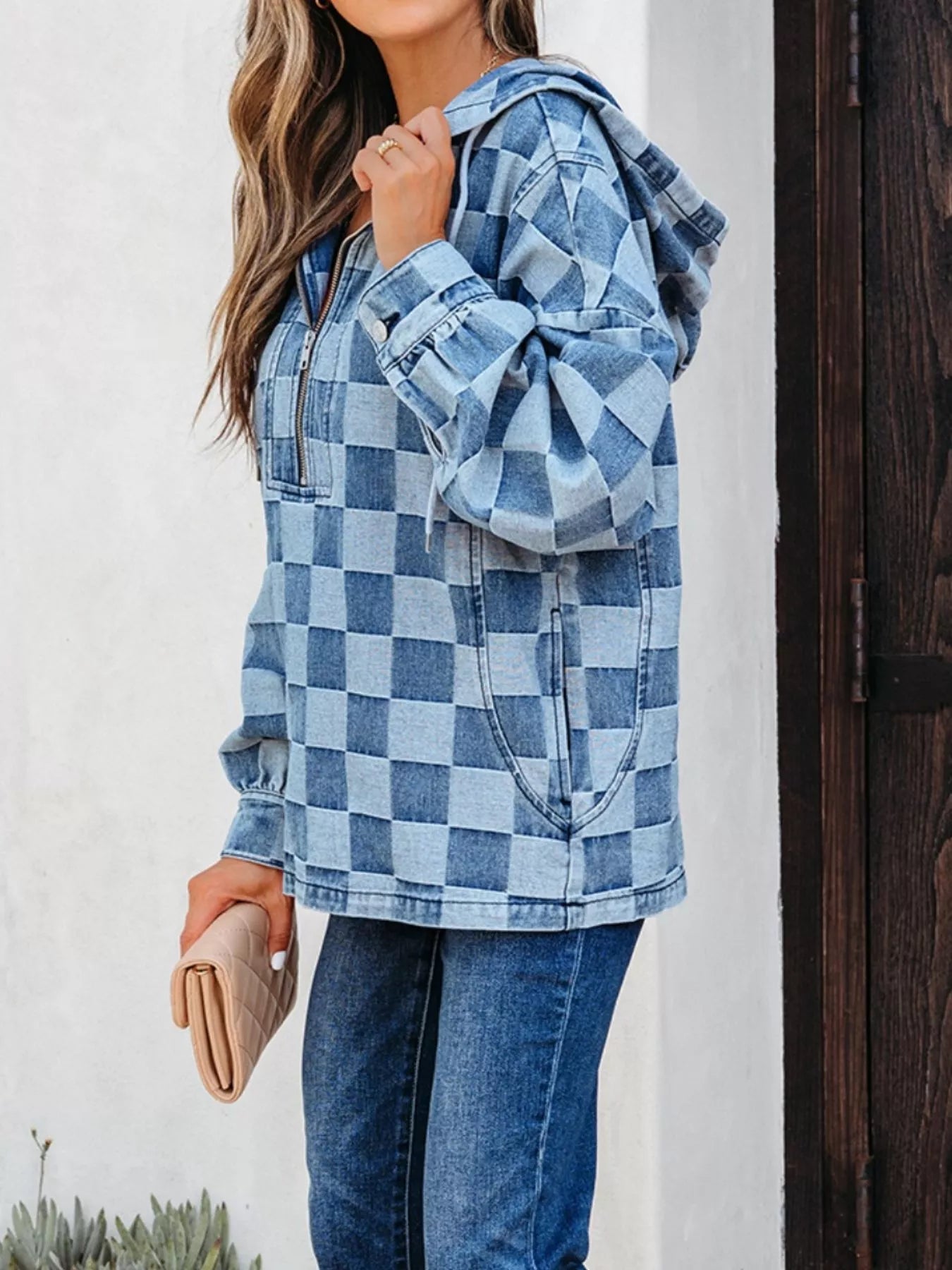 Checkered Half Zip Denim Hoodie Top designed for comfort and style at Lookzlike