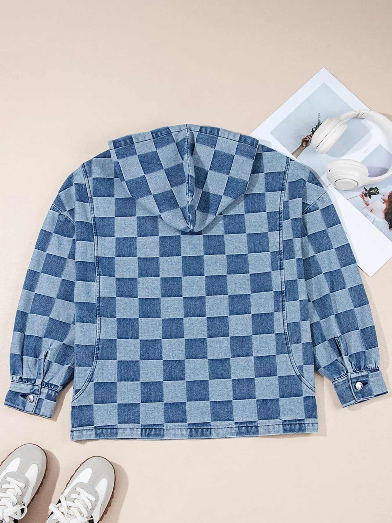 Checkered Half Zip Denim Hoodie Top designed for comfort and style at Lookzlike
