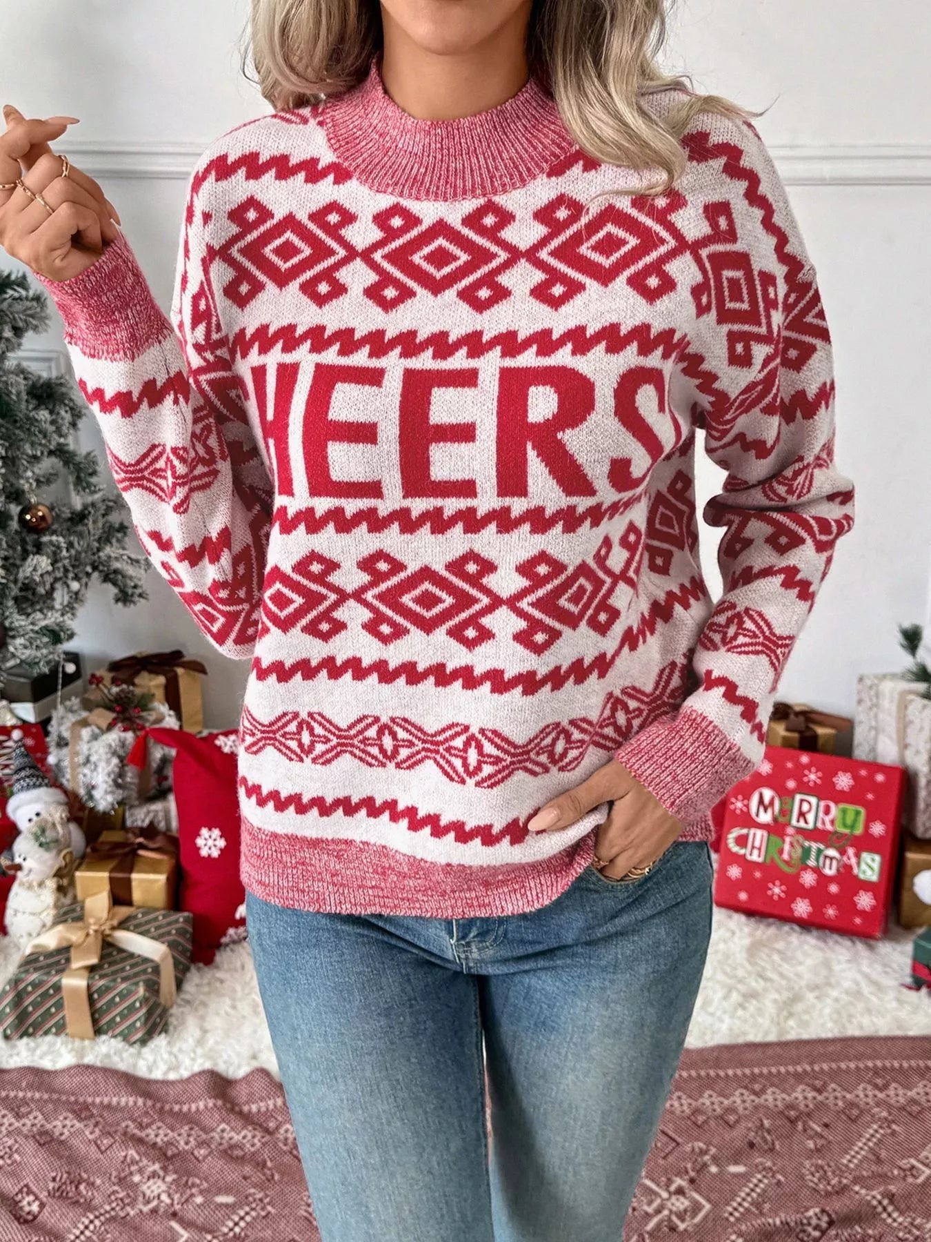 CHEERS Christmas Round Neck Long Sleeve Sweater designed for comfort and style at Lookzlike