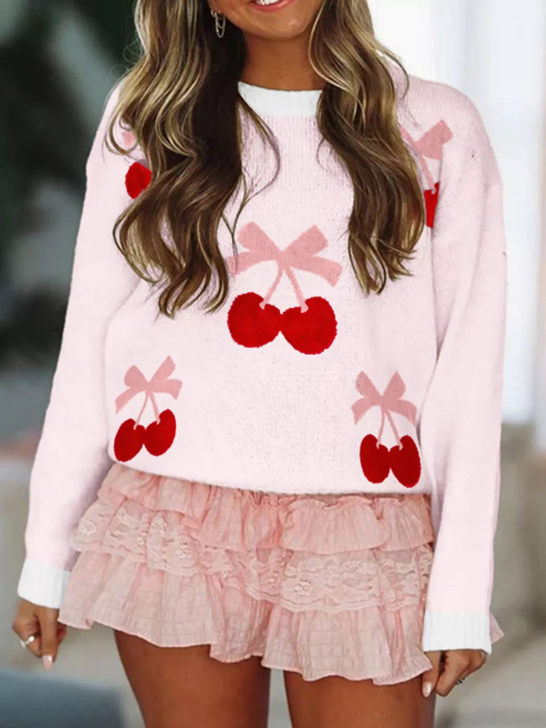 Cherry Pattern Drop Shoulder Sweater designed for comfort and style at Lookzlike