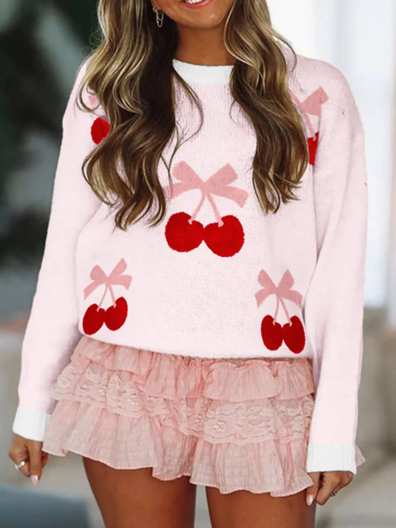 Cherry Pattern Drop Shoulder Sweater designed for comfort and style at Lookzlike