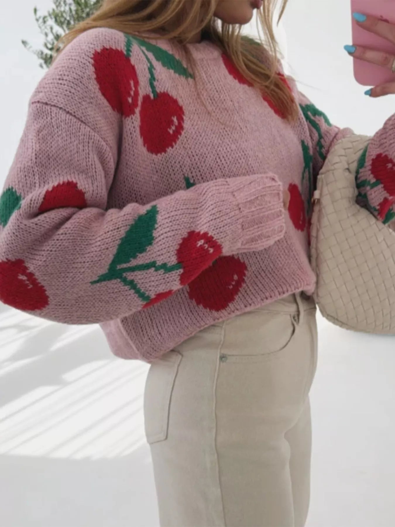 Cherry Pattern Long Sleeve Sweater designed for comfort and style at Lookzlike
