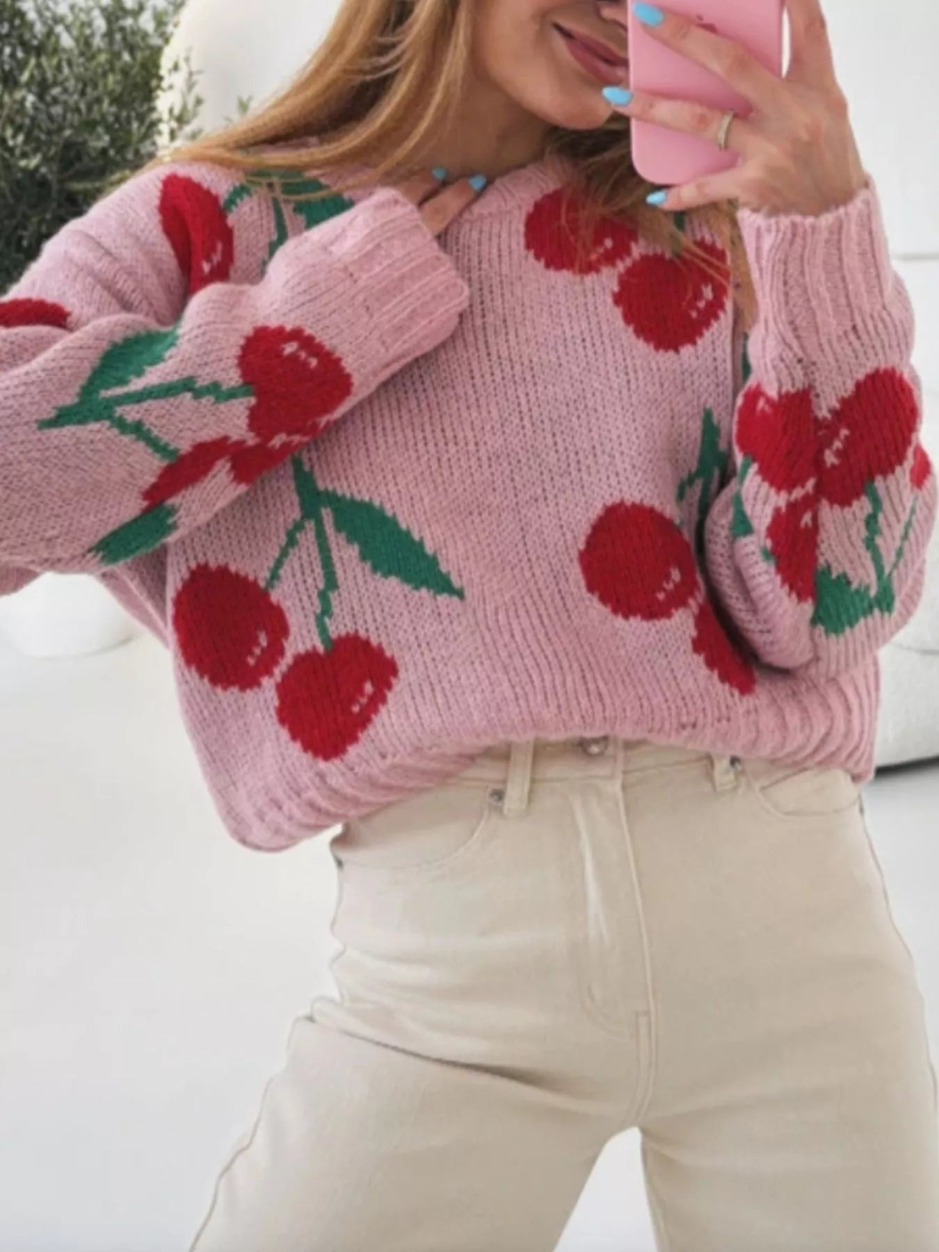 Cherry Pattern Long Sleeve Sweater designed for comfort and style at Lookzlike