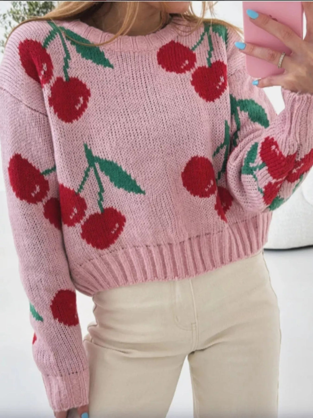 Cherry Pattern Long Sleeve Sweater designed for comfort and style at Lookzlike