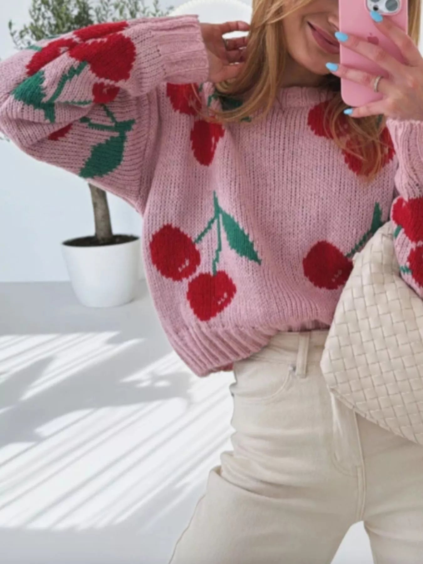 Cherry Pattern Long Sleeve Sweater designed for comfort and style at Lookzlike