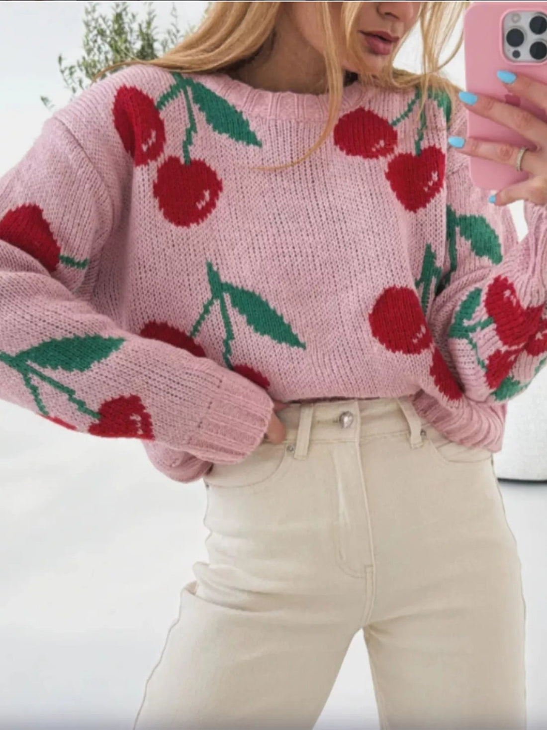 Cherry Pattern Long Sleeve Sweater designed for comfort and style at Lookzlike