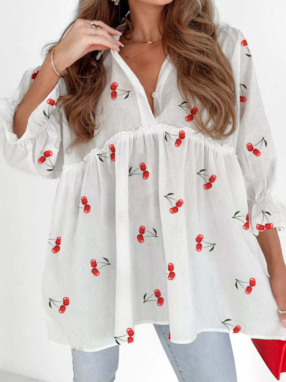 Cherry Print Flounce Sleeve Collared Frilled Babydoll Blouse designed for comfort and style at Lookzlike